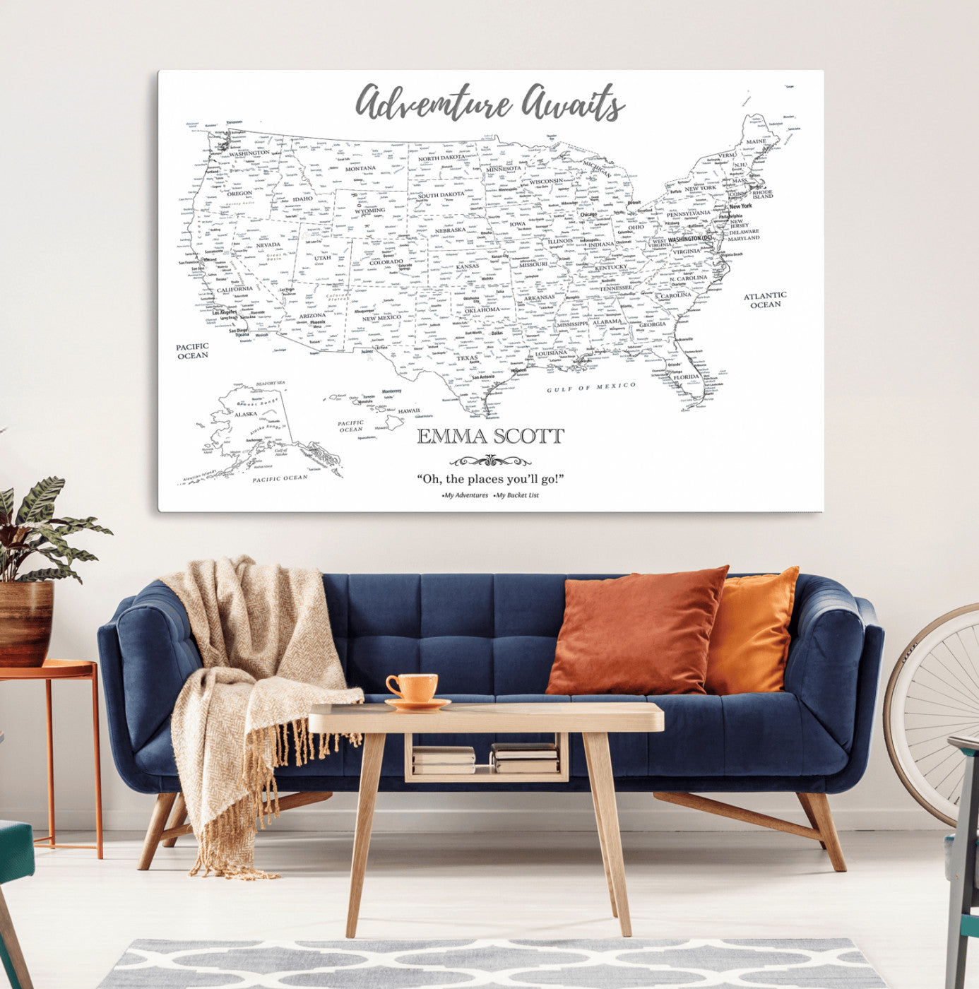 MGV-CV-36X24 - Personalized US Map Wall Art Canvas Print – Custom Push Pin Travel United States US Map for Couples, Families, or Office Décor
