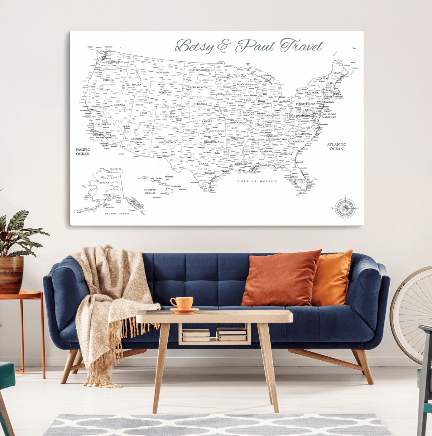 MGV-CV-36X24 - Personalized USA Map Wall Art Canvas Print – Custom Push Pin Travel American Map for Couples, Families, or Office Décor