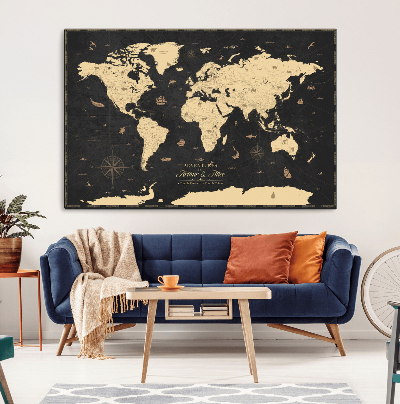 MGV-CV-36X24 - Personalized World Map Wall Art Canvas Print – Custom Push Pin Travel Map for Couples, Families, or Office Décor