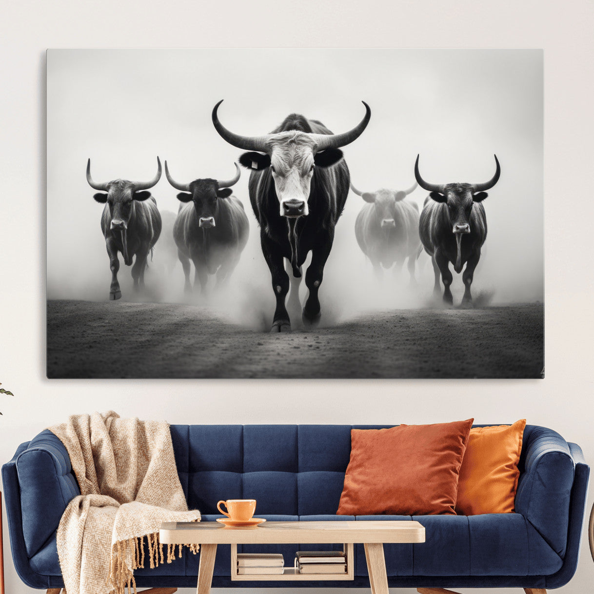 N34534C-MGV-CV-36X24 - Texas Bighorn Cow Hern Wall Art Canvas Print, Longhorn Cow Large Wall Art