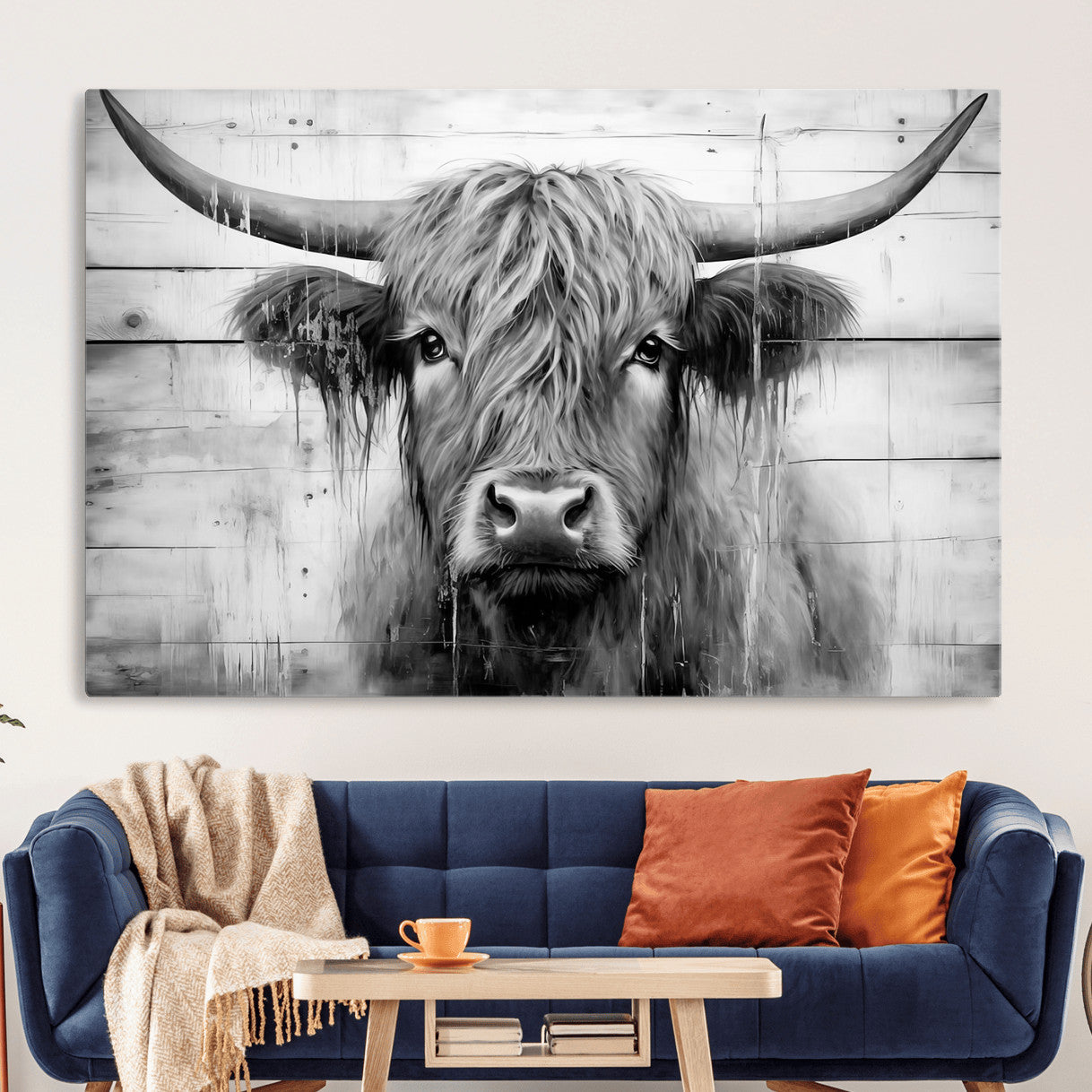1001HASAN27-MGV-CV-36X24 - Black White Highland Cow Wall Art Canvas Print