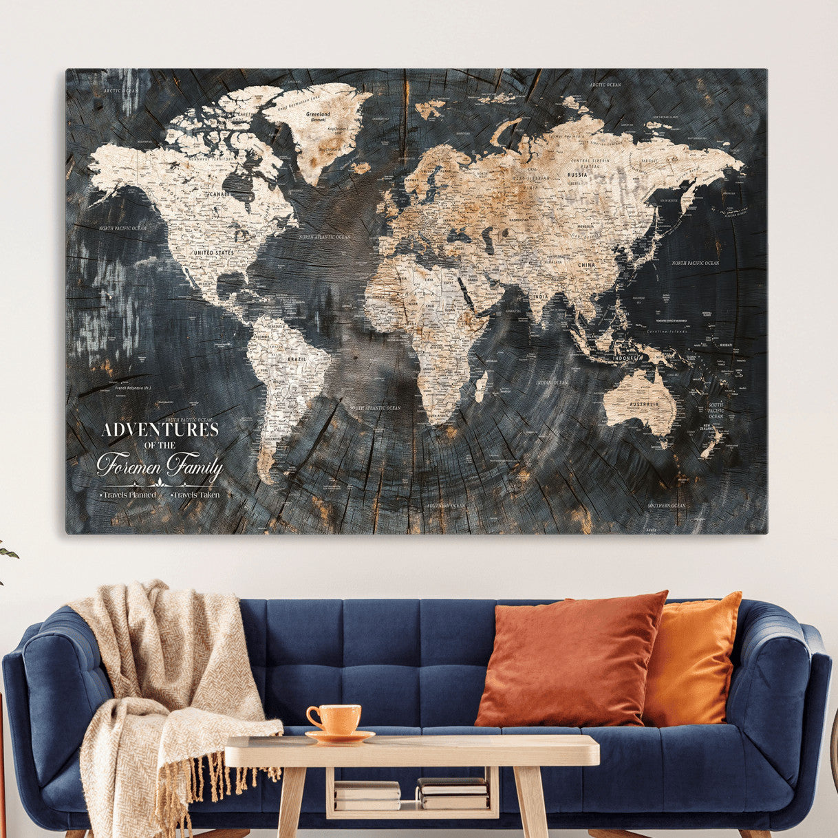58265369-MGV-CV-36X24 - Customized Push Pin World Map Wall Art Canvas Print with Pins, Personalized Travel Tracker Map, Framed World Map for Living Room, Office and Home Decor