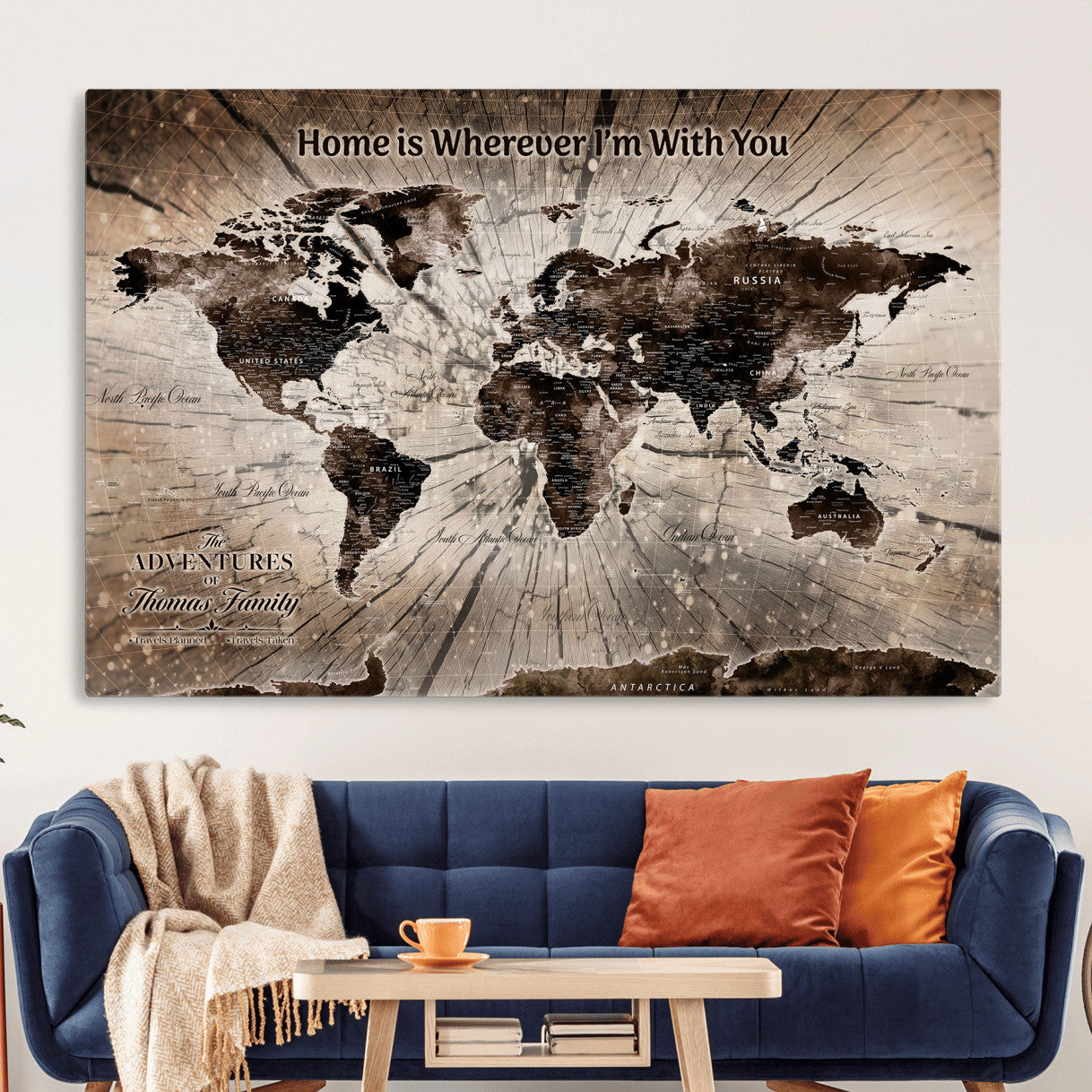 72371980-MGV-CV-36X24 - Personalized World Map Wall Art – Customizable Push Pin Framed Canvas Print Unique Travel Decor for Home, Office