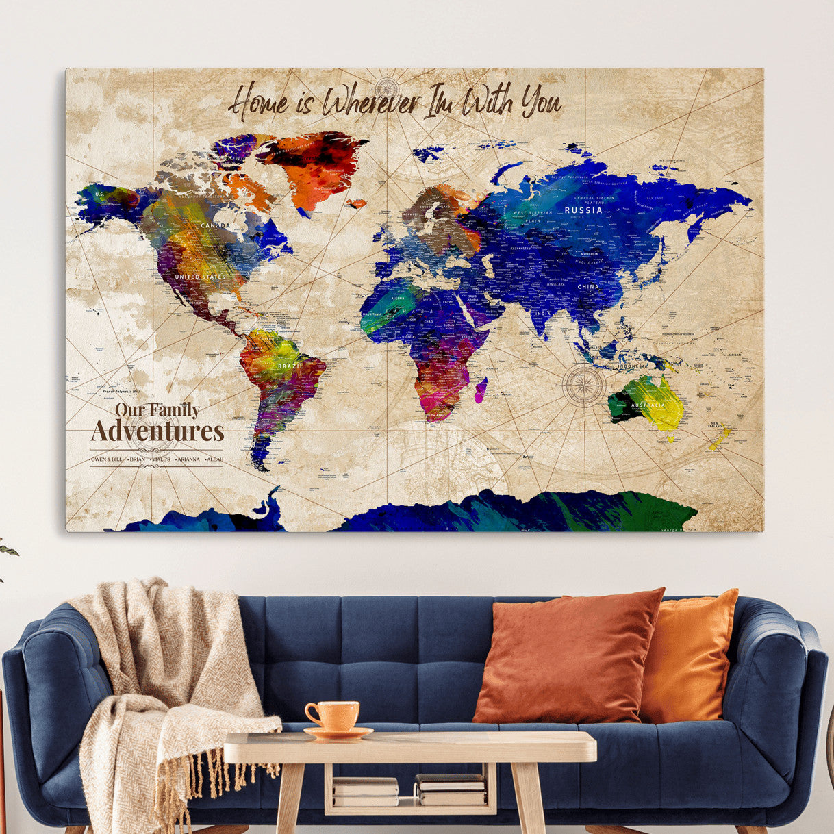 42795268-MGV-CV-36X24 - Personalized Push Pin World Map Canvas Print – Custom Adventure Travel Map, Framed Wall Art Gift for Couples or Family