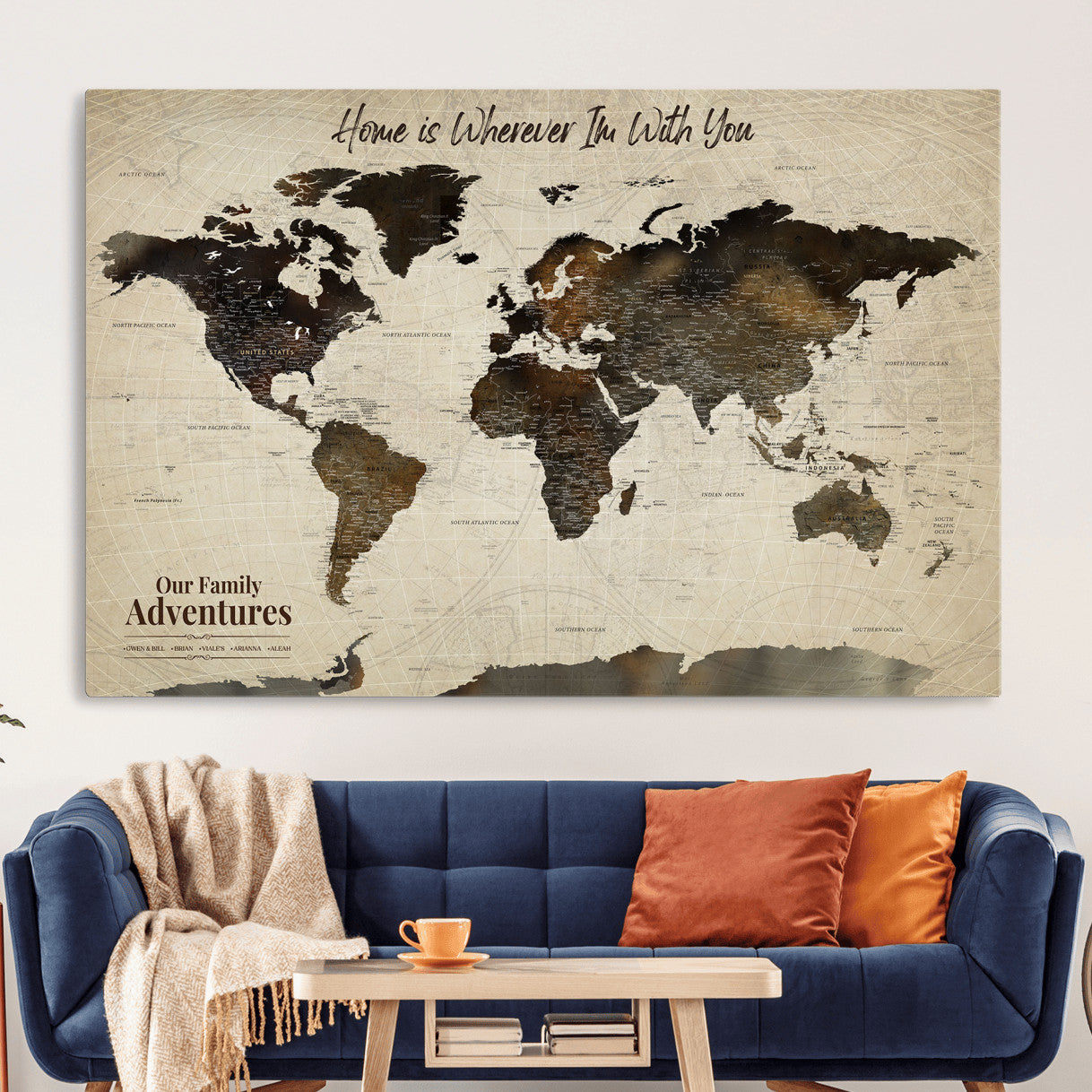 57979837-MGV-CV-36X24 - Personalized Push Pin World Map Canvas Print – Custom Framed Travel Tracker Wall Art Large Map Artwork for Home, Office