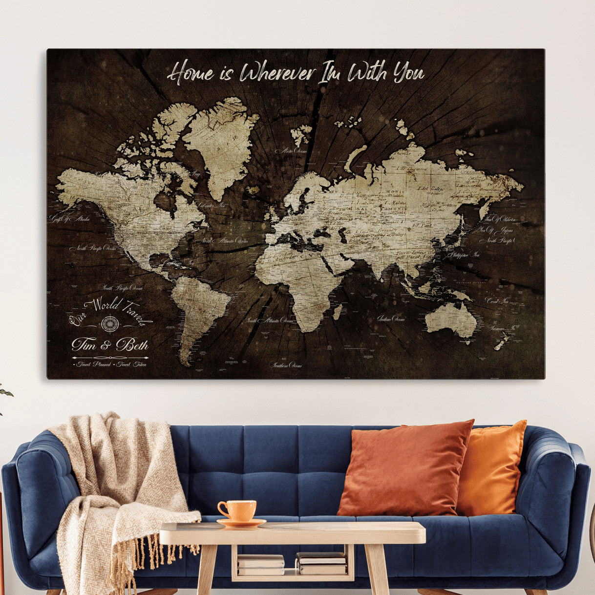 73781397-MGV-CV-36X24 - Personalized World Map Wall Art Canvas Print – Custom Push Pin Travel Map for Couples, Families, or Office Decor