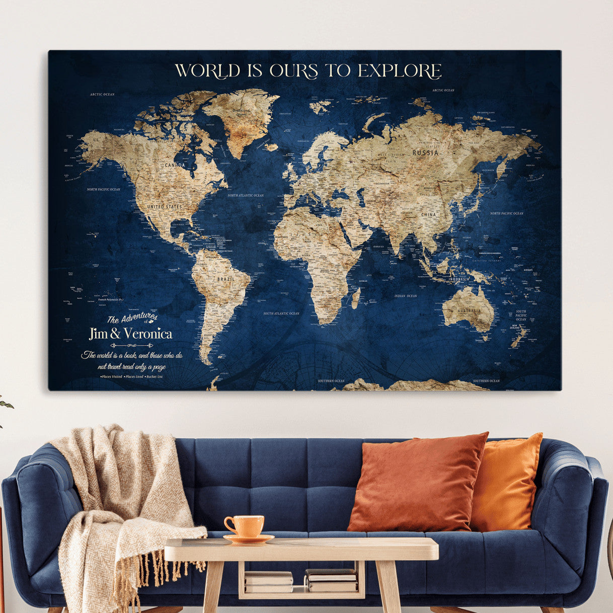 33364828-MGV-CV-36X24 - Personalized World Map Wall Art – Custom Framed Push Pin Travel Tracker Canvas Print Unique Gift for Home, Office