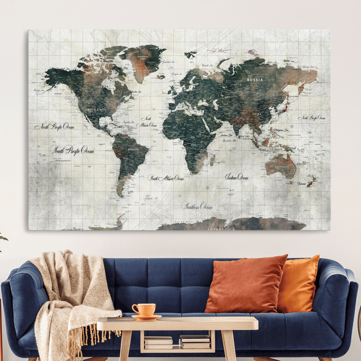90149079-MGV-CV-36X24 - World Map Wall Art Canvas Print, Modern Decorative Framed Map Artwork Prints for Living Room, Office, Bedroom Wall Decor