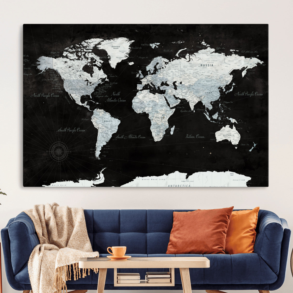 30759283-MGV-CV-36X24 - World Map Wall Art Canvas Print, Modern Decorative Framed Map Artwork Prints for Living Room, Office, Bedroom Wall Decor