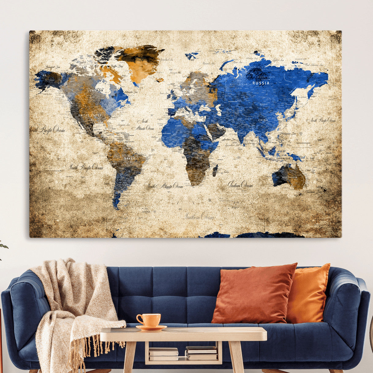 13564339-MGV-CV-36X24 - World Map Wall Art Canvas Print, Modern Decorative Framed Map Artwork Prints for Living Room, Office, Bedroom Wall Decor