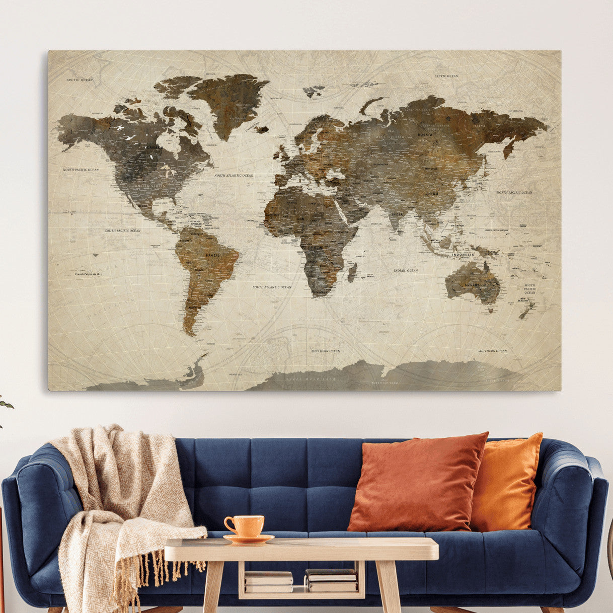 91849163-MGV-CV-36X24 - World Map Wall Art Canvas Print, Modern Decorative Framed Map Artwork Prints for Living Room, Office, Bedroom Wall Decor