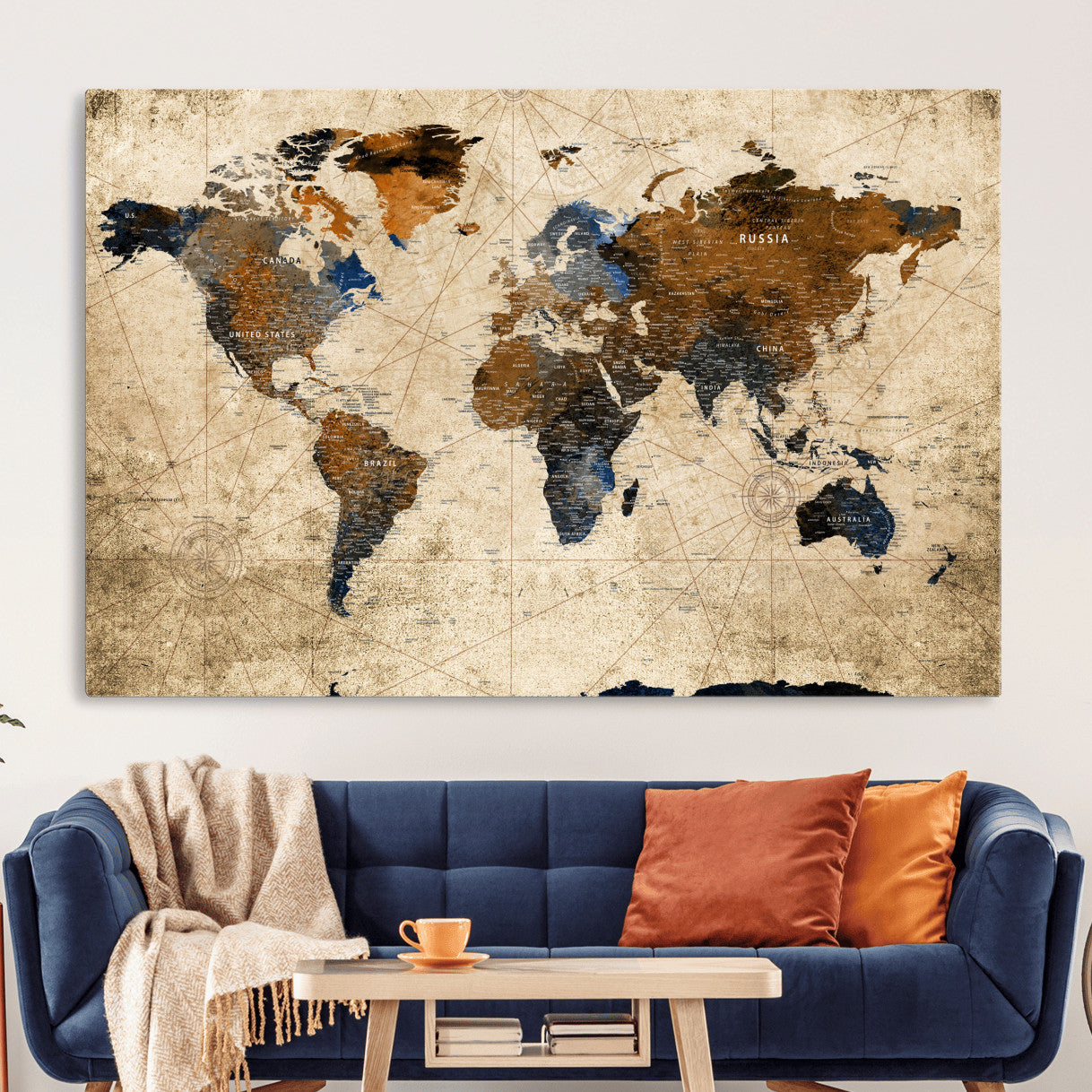56297284-MGV-CV-36X24 - World Map Wall Art Canvas Print, Modern Decorative Framed Map Artwork Prints for Living Room, Office, Bedroom Wall Decor