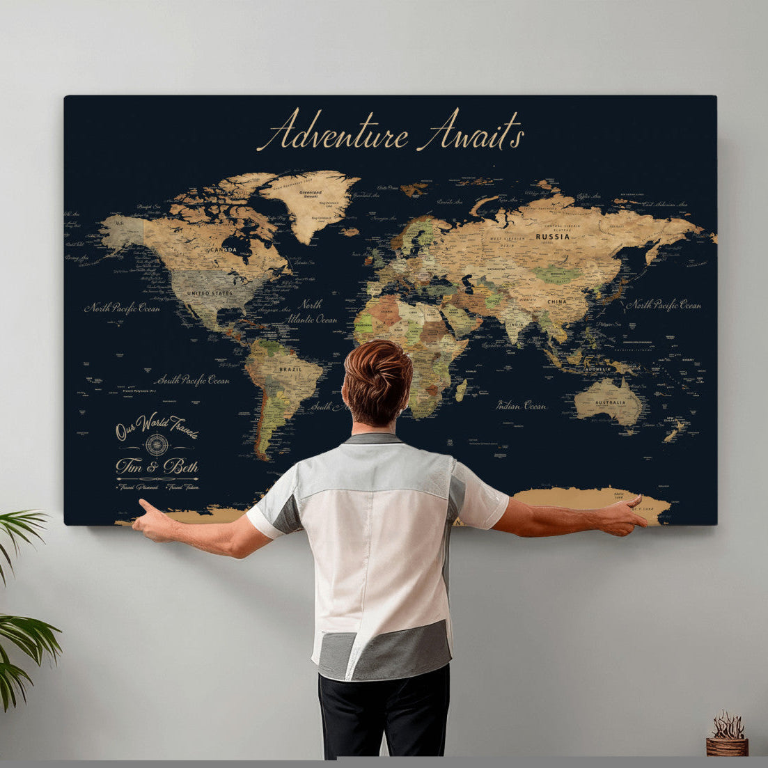 92618915-MGV-CV-36X24 - Customized Push Pin World Map Wall Art Canvas Print with Pins, Framed Personalize Travel Tracker Map, World Map for Living Room and Office Decor