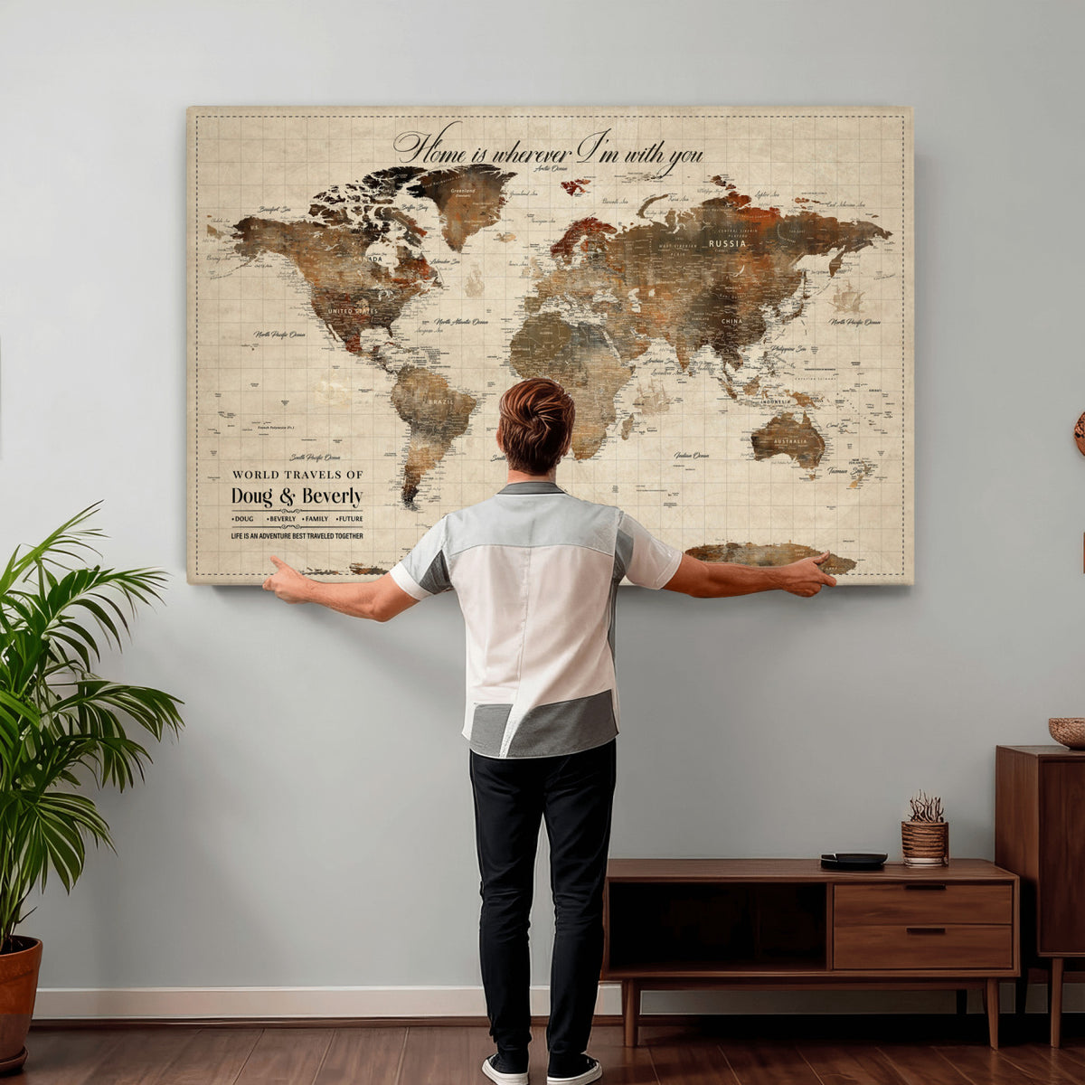 94399474-MGV-CV-36X24 - Large Custom Framed Beige Vintage World Travel Map Wall Art with Pins, Couples Countries Visited Map, Living Room and Hallway Decor