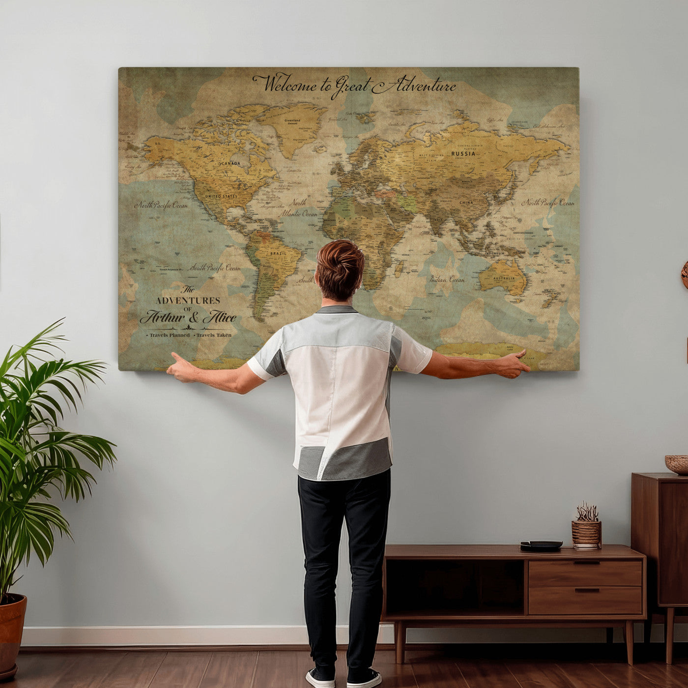 37903085-MGV-CV-36X24 - Custom Push Pin World Map Wall Art Canvas Print – Personalized Travel Tracker with Pins Framed Large for Home and Office Decor