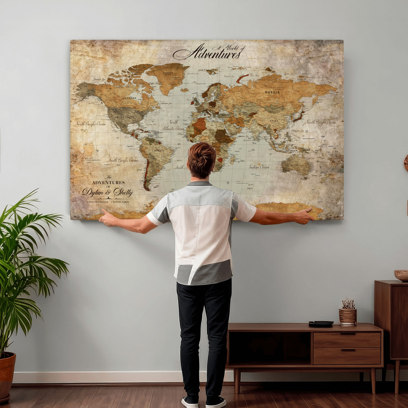 54461872-MGV-CV-36X24 - Custom Push Pin World Map Wall Art Canvas Print - Personalized Travel Tracker with Pins Framed Large for Home and Office Decor