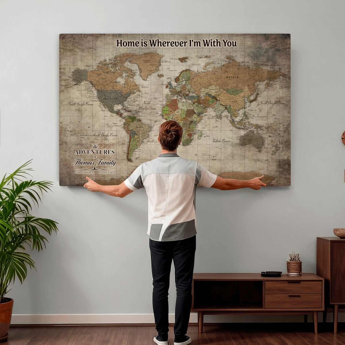 22593671-MGV-CV-36X24 - Personalized Beige Geometric World Map Canvas with Push Pins, Next Trip Planner Map, Study and Entryway Decor
