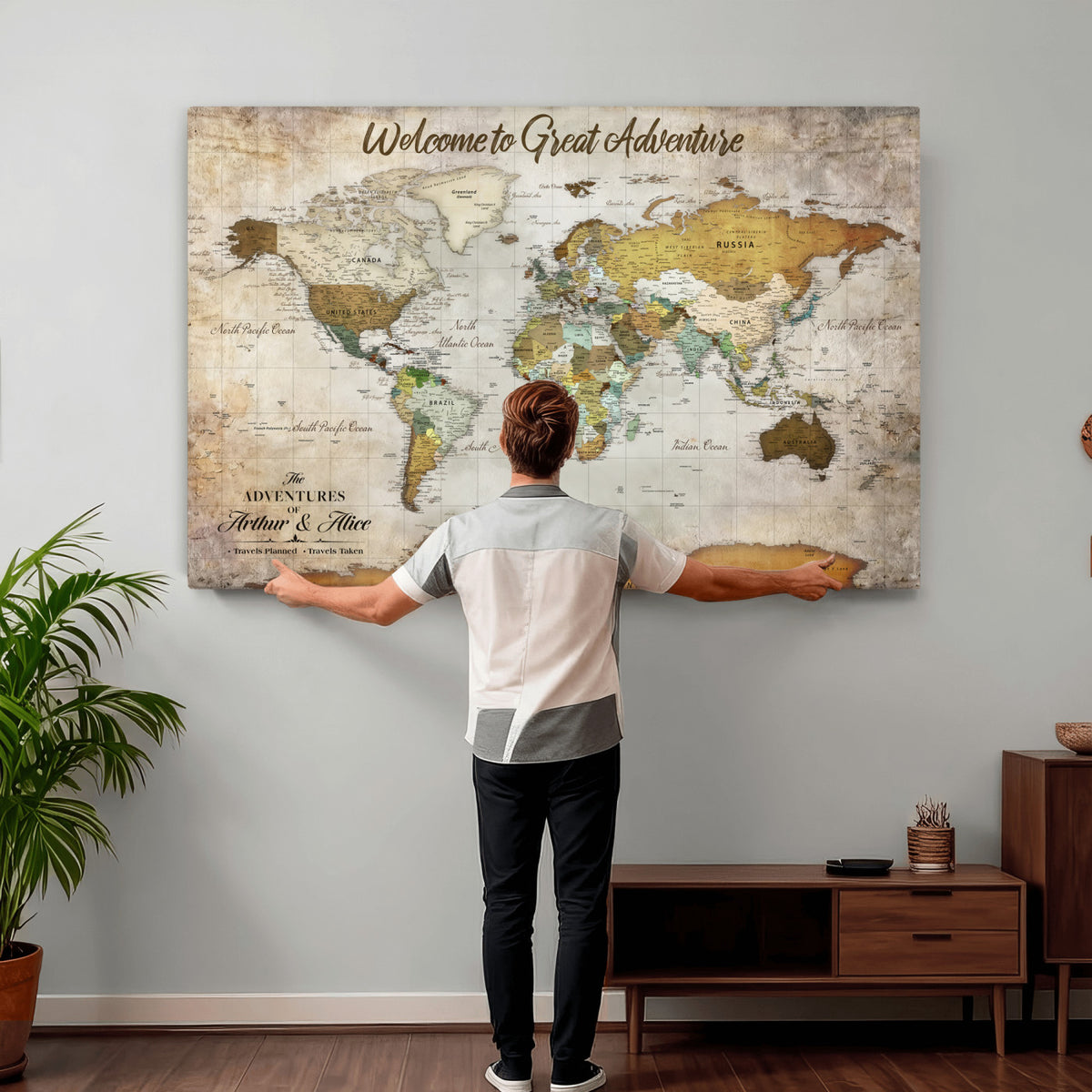 33043195-MGV-CV-36X24 - Personalized Beige World Travel Map Wall Art with Pins, Family Travel Tracker, Family Room and Study Decor
