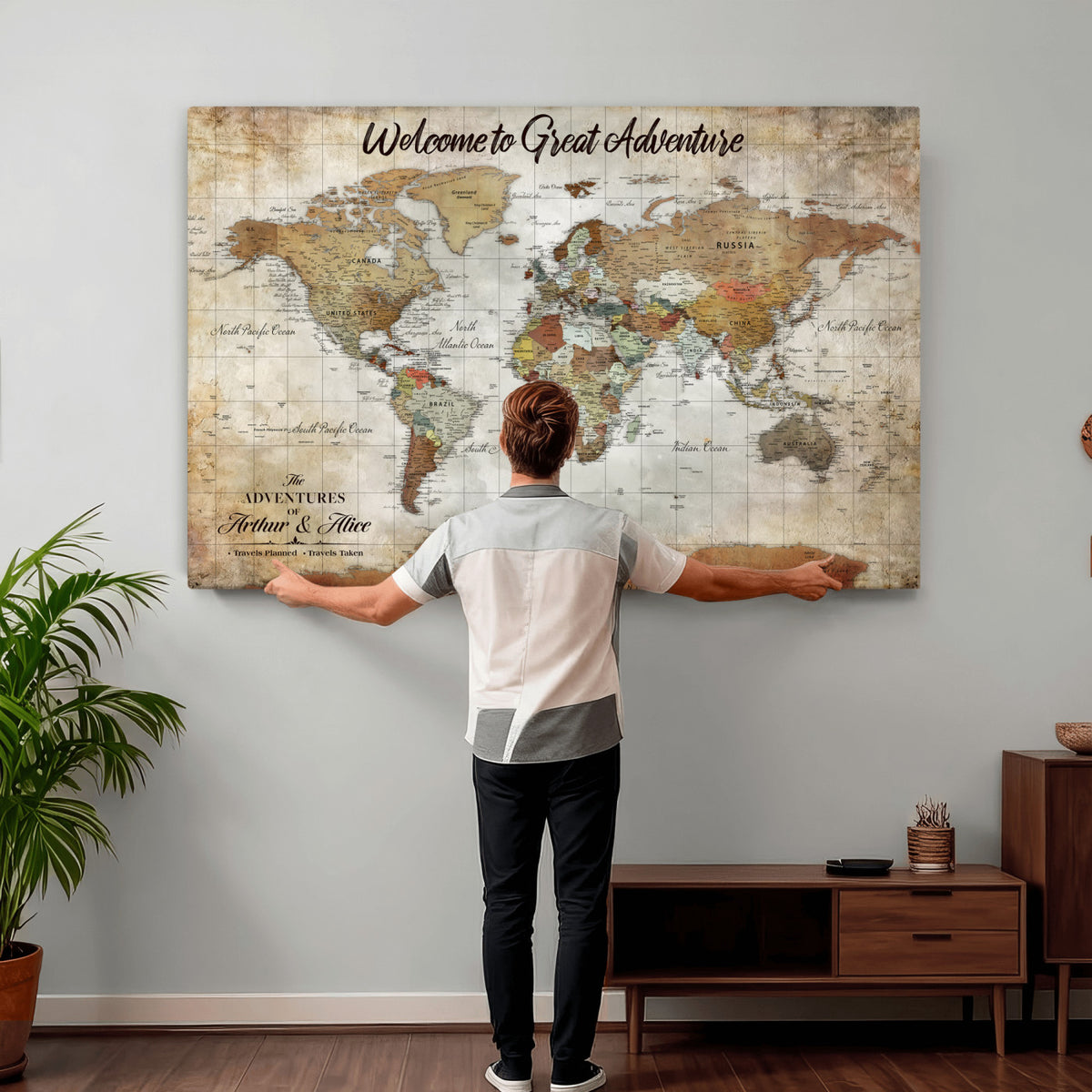 22906161-MGV-CV-36X24 - Personalized Beige Push Pin World Map Wall Art, Bucket List Map, Living Room and Family Room Decor