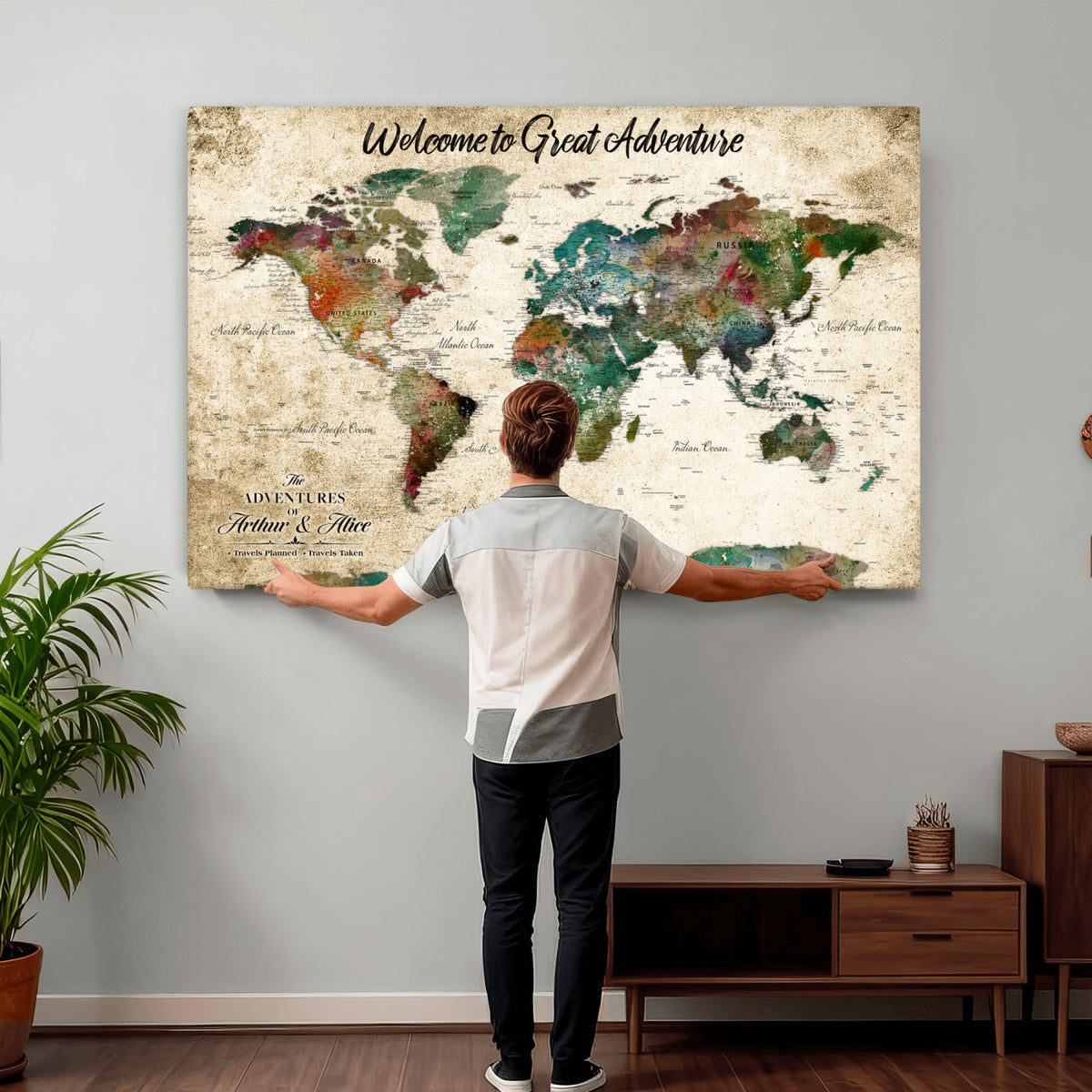89225601-MGV-CV-36X24 - Personalized Beige Grunge World Map Canvas with Push Pins, Next Trip Planner Map, Family Room and Home Office Decor