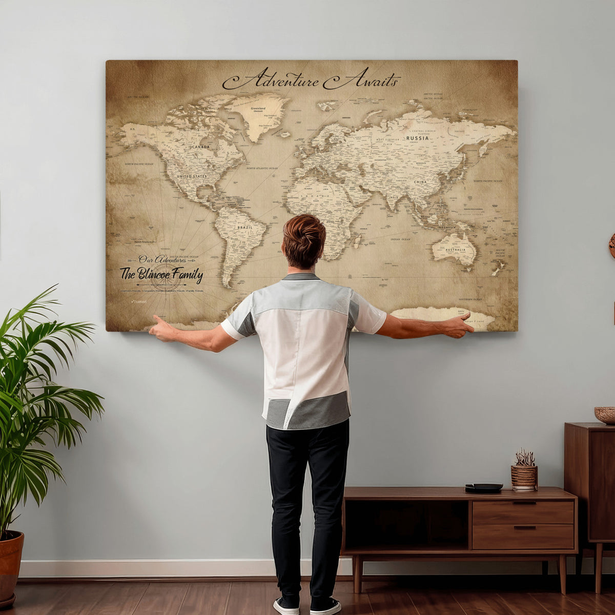 59757370-MGV-CV-36X24 - Personalized Black Modern Push Pin World Map Wall Art, Places Visited Tracker, Family Room and Bedroom Decor