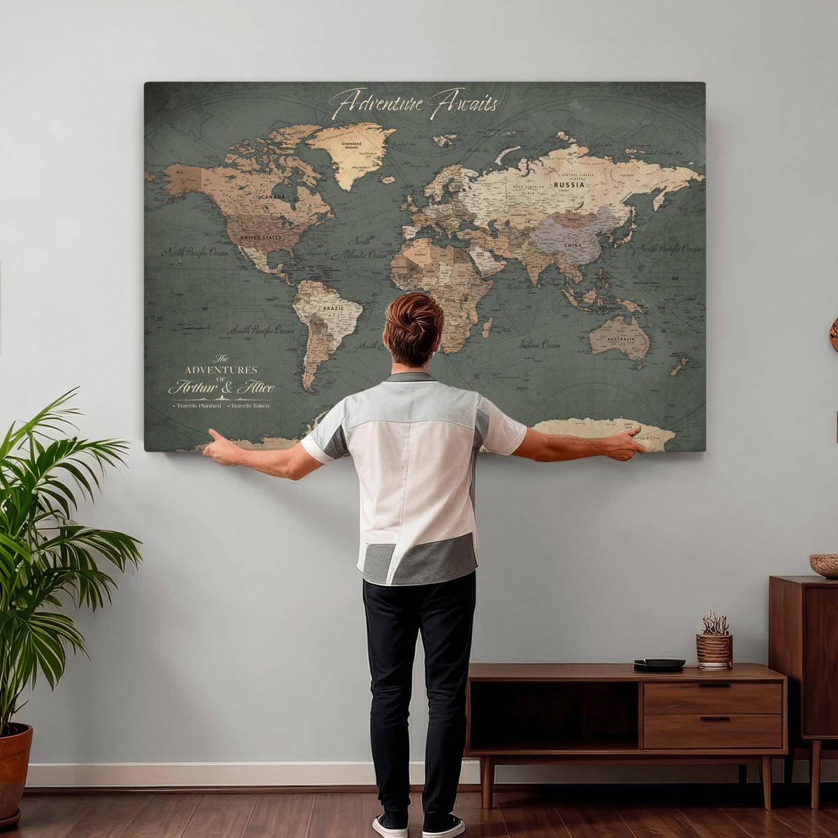 24734446-MGV-CV-36X24 - Personalized Framed Beige Modern World Map Canvas with Push Pins, Bucket List Map, Family Room and Dining Room Decor