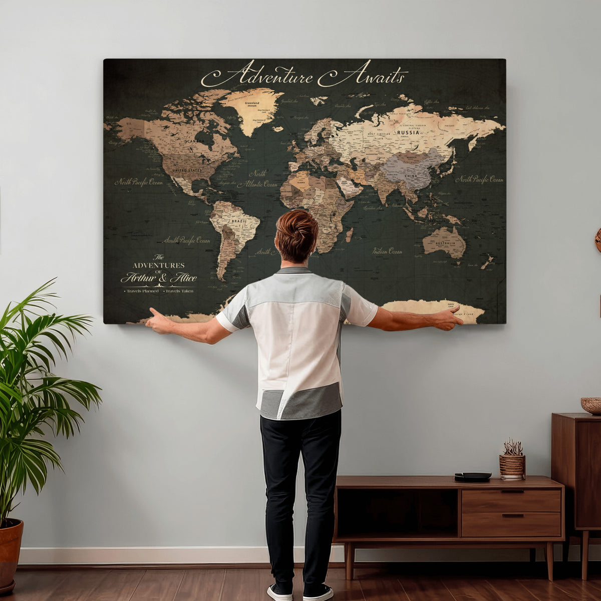 74987709-MGV-CV-36X24 - Custom Gray Modern Push Pin Travel Map Canvas Print, Next Trip Planner Map, Family Room and Bedroom Decor