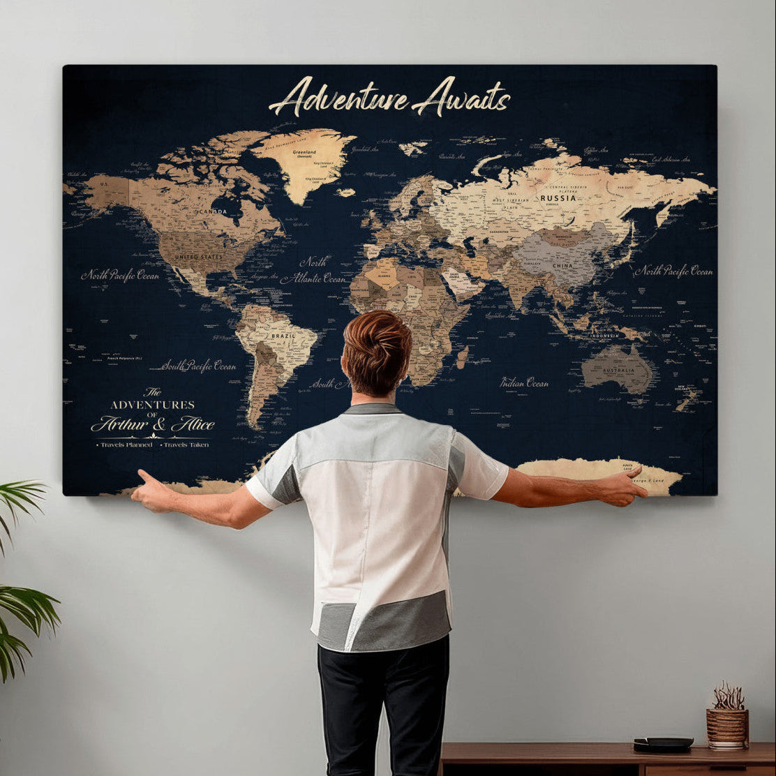 64110301-MGV-CV-36X24 - Custom Push Pin World Map Wall Art Canvas Print - Personalized Travel Tracker with Pins Framed Large for Home and Office Decor