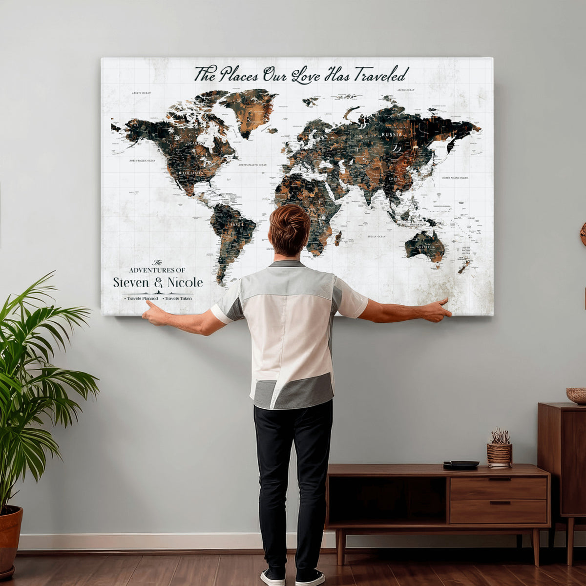 29090064-MGV-CV-36X24 - Custom Push Pin World Map Wall Art Canvas Print | Personalized Travel Tracker with Pins Framed Large for Home and Office Decor