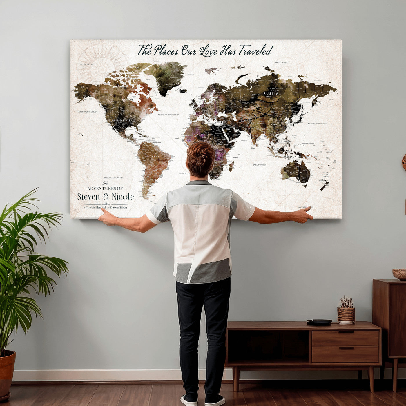 34345515-MGV-CV-36X24 - Custom Push Pin World Map Wall Art Canvas Print – Personalized Travel Tracker with Pins Framed Large for Home and Office Decor