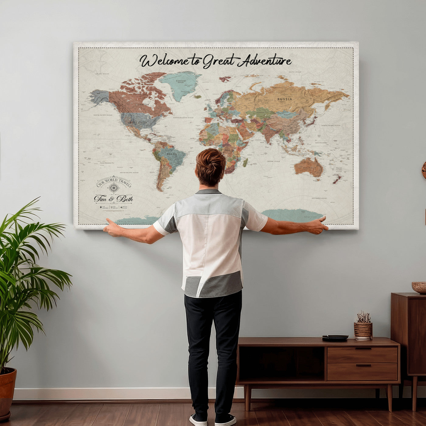 32470528-MGV-CV-36X24 - Custom Push Pin World Map Wall Art Canvas Print – Personalized Travel Tracker with Pins Framed Large for Home and Office Decor