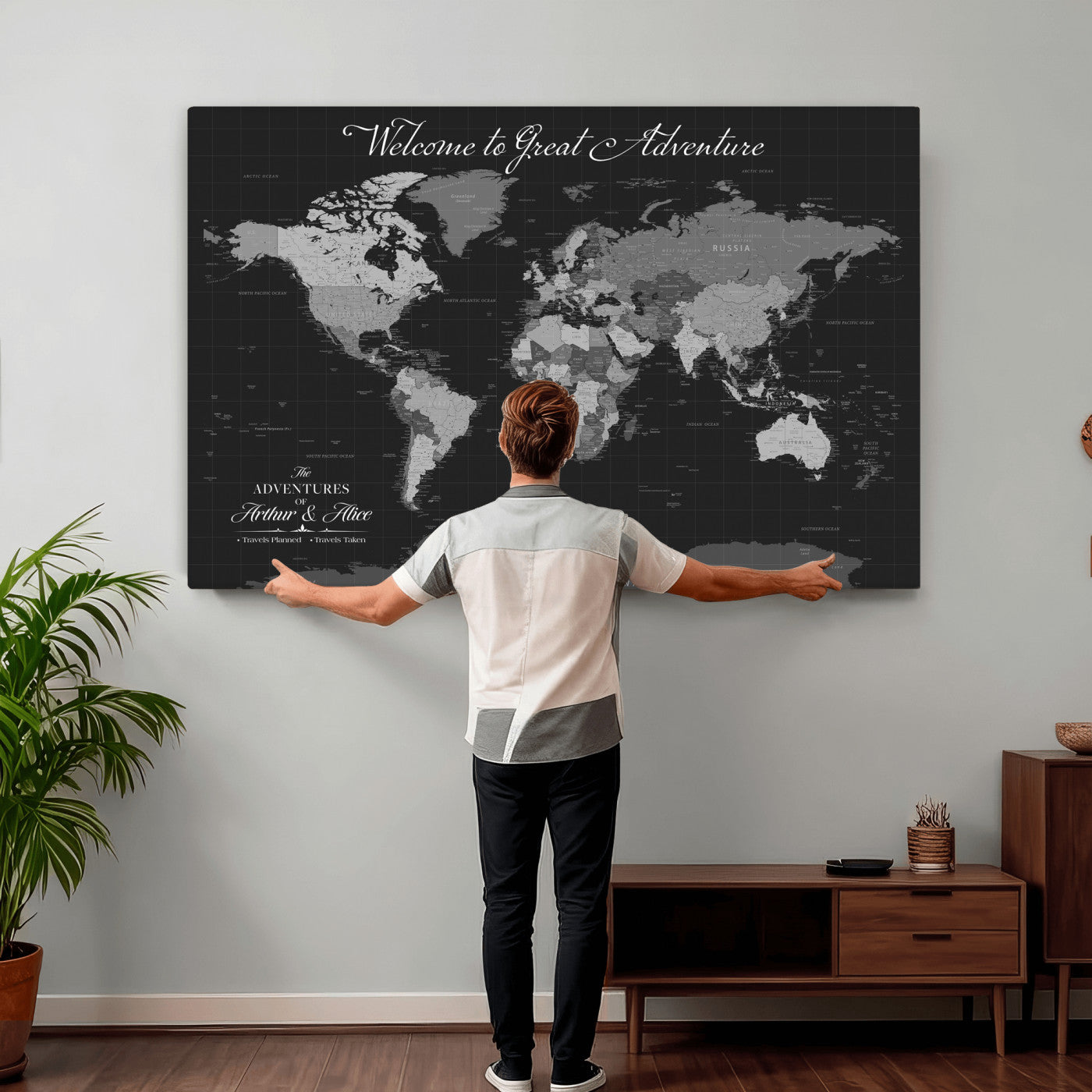 57127599-MGV-CV-36X24 - Custom Push Pin World Map Wall Art Canvas Print – Personalized Travel Tracker with Pins Framed Large for Home and Office Decor