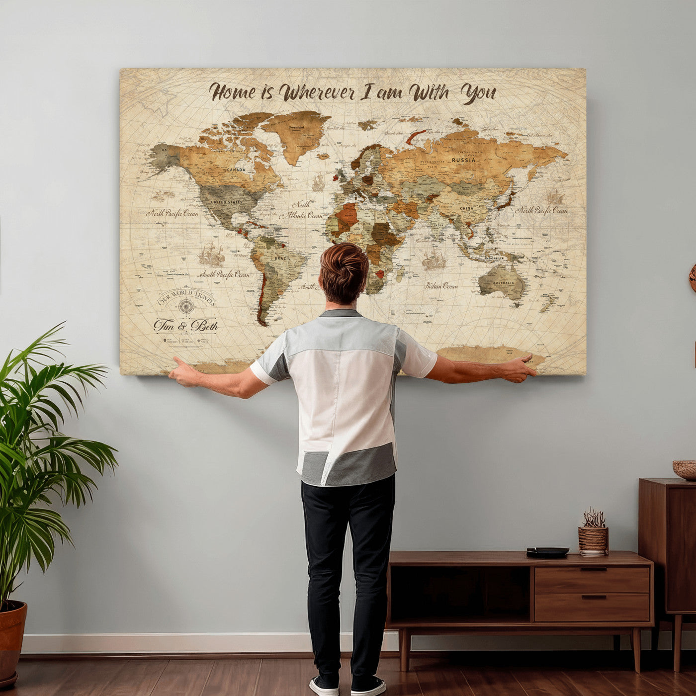 53710338-MGV-CV-36X24 - Custom Push Pin World Map Wall Art Canvas Print – Personalized Travel Tracker with Pins Framed Large for Home and Office Decor
