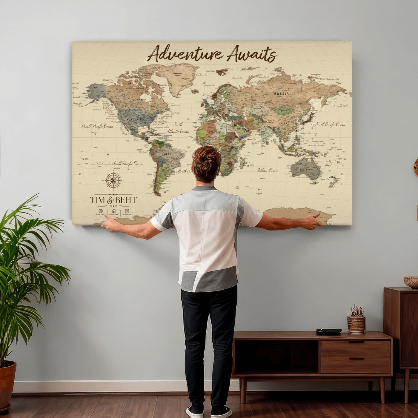 72027187-MGV-CV-36X24 - Custom Push Pin World Map Wall Art Canvas Print – Personalized Travel Tracker with Pins Framed Large for Home and Office Decor