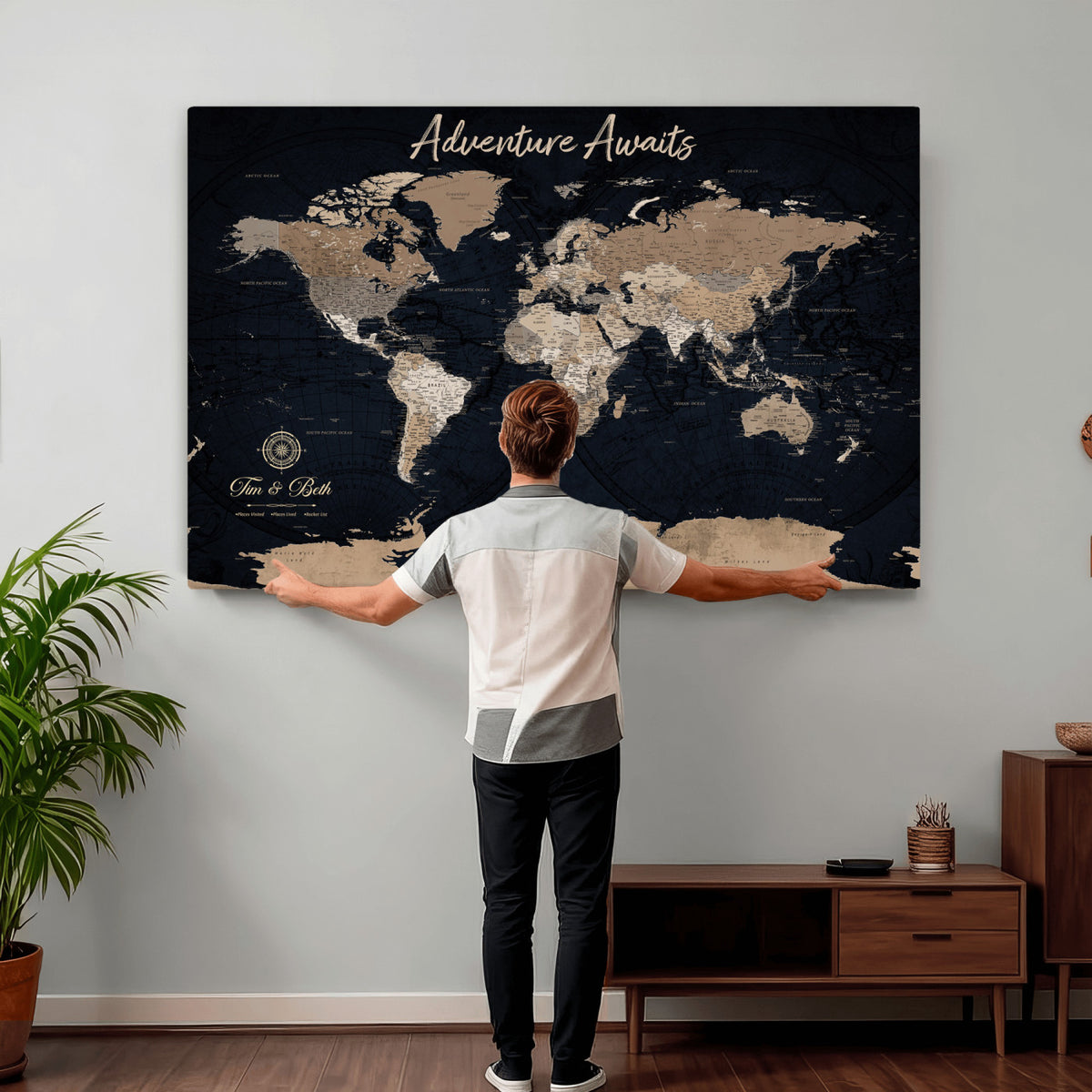 66938317-MGV-CV-36X24 - Custom Push Pin World Map Wall Art Canvas Print | Personalized Travel Tracker with Pins Framed Large for Home and Office Decor