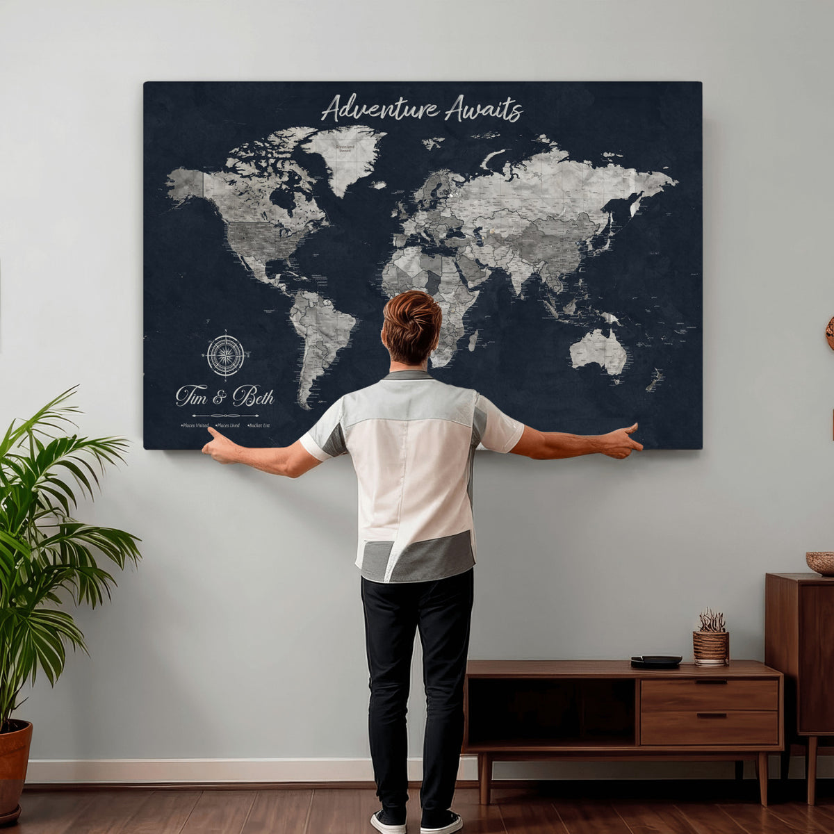32031089-MGV-CV-36X24 - Custom Push Pin World Map Wall Art Canvas Print | Personalized Travel Tracker with Pins Framed Large for Home and Office Decor