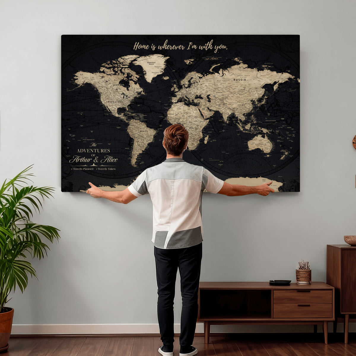 31416046-MGV-CV-36X24 - Custom Framed Beige Vintage Push Pin Travel Map Canvas Print, Honeymoon and Anniversary Gift, Study and Hallway Decor