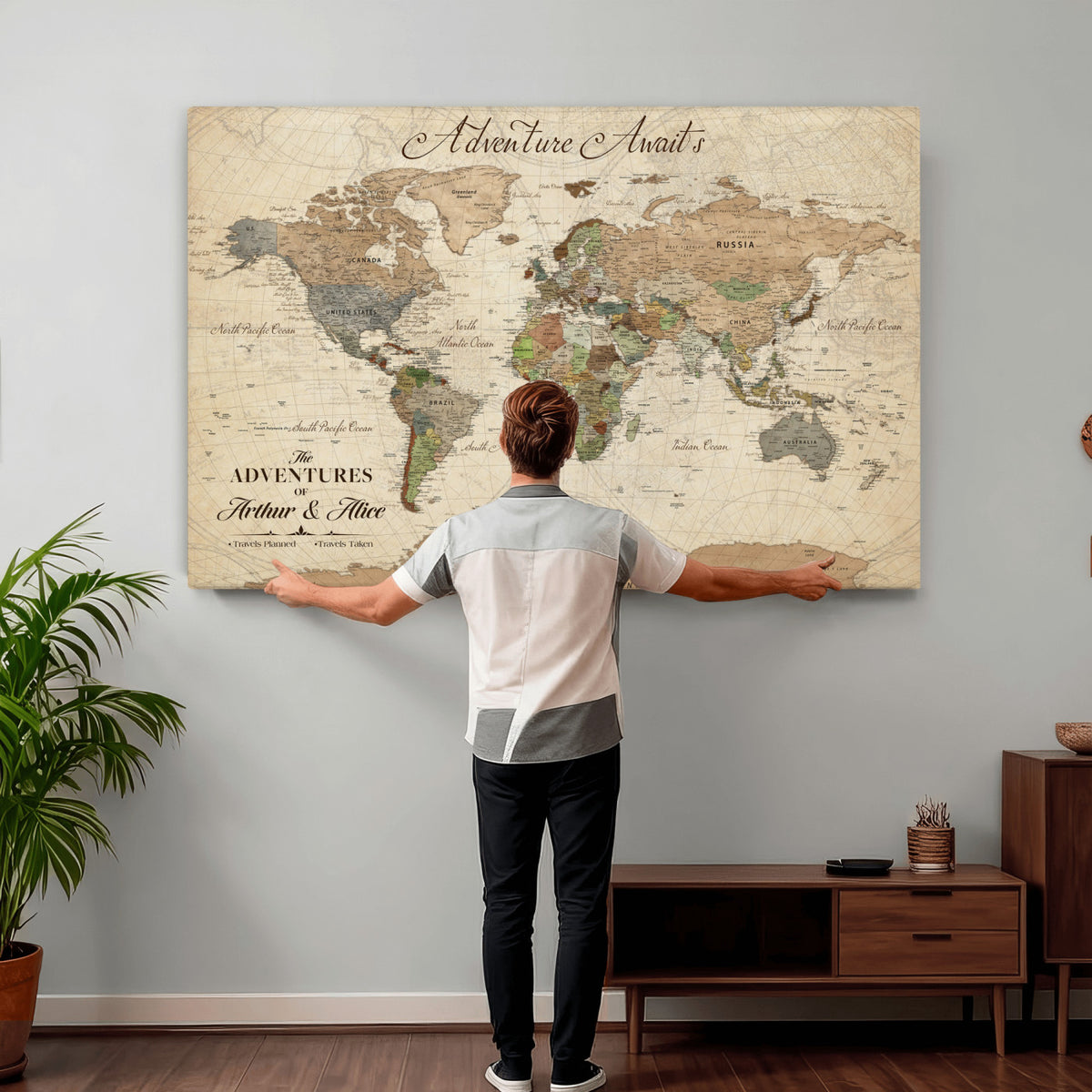 18308111-MGV-CV-36X24 - Custom Push Pin World Map Wall Art Canvas Print | Personalized Travel Tracker with Pins Framed Large for Home and Office Decor