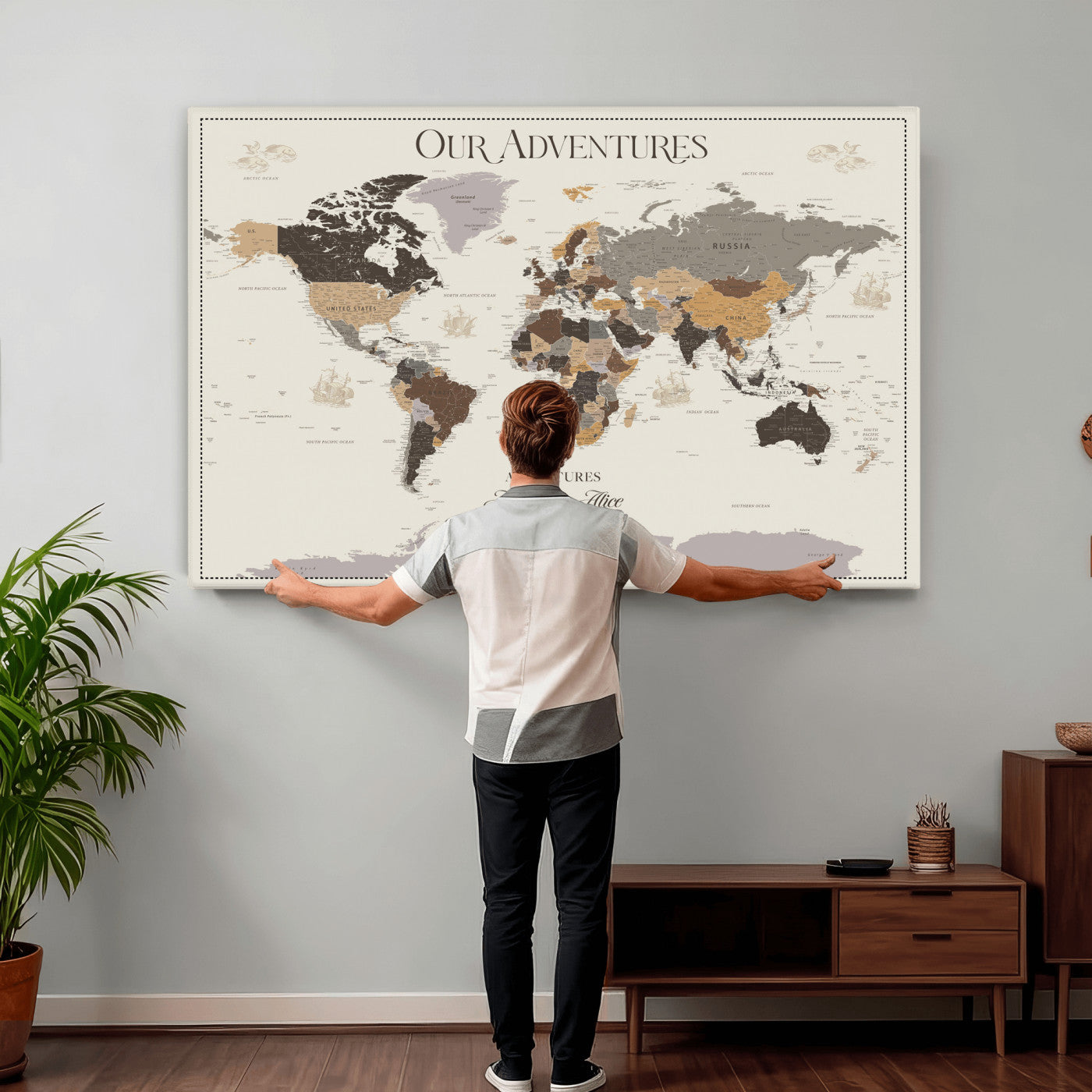 66301646-MGV-CV-36X24 - Custom Push Pin World Map Wall Art Canvas Print – Personalized Travel Tracker with Pins Framed Large for Home and Office Decor