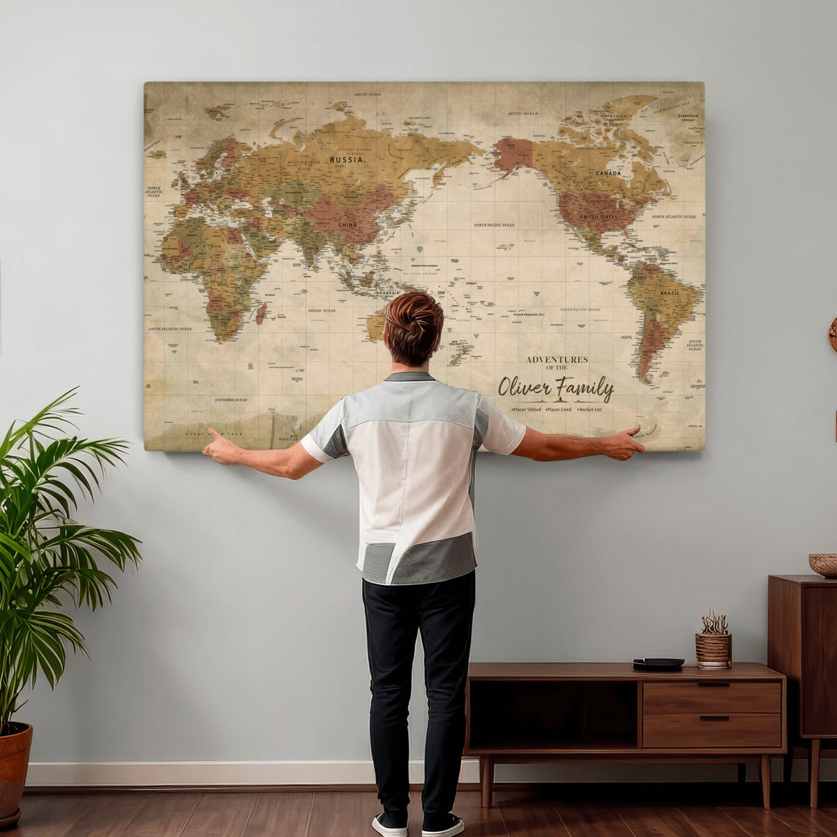 19347393-MGV-CV-36X24 - Personalized Framed Navy Modern World Map Canvas with Push Pins, Bucket List Map, Living Room and Entryway Decor