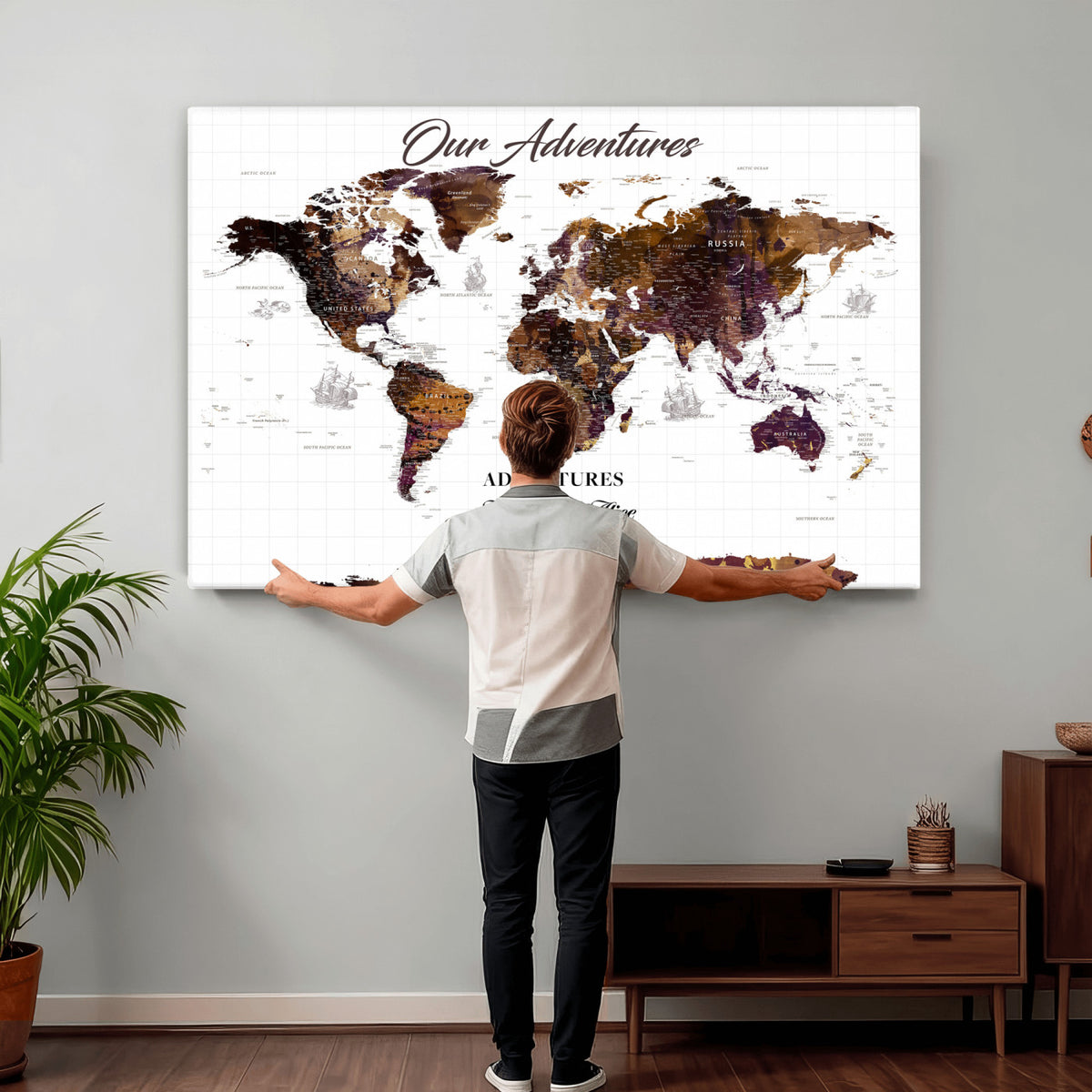 95729279-MGV-CV-36X24 - Personalized Framed Beige Vintage Push Pin Travel Map Canvas Print, Next Trip Planner Map, Home Office and Entryway Decor