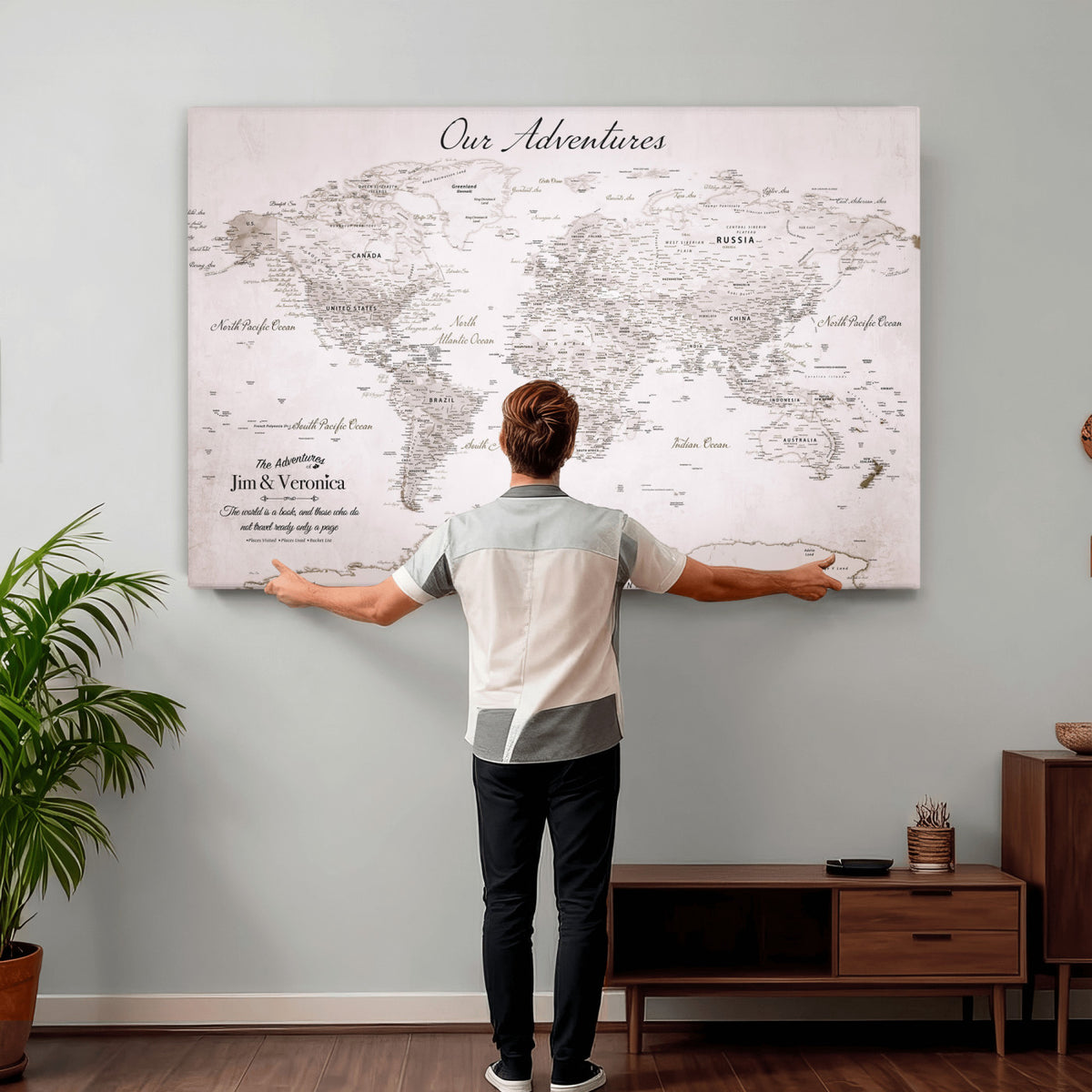 62392749-MGV-CV-36X24 - Personalized Beige Vintage World Travel Map Wall Art with Pins, Honeymoon and Anniversary Gift, Entryway and Hallway Decor