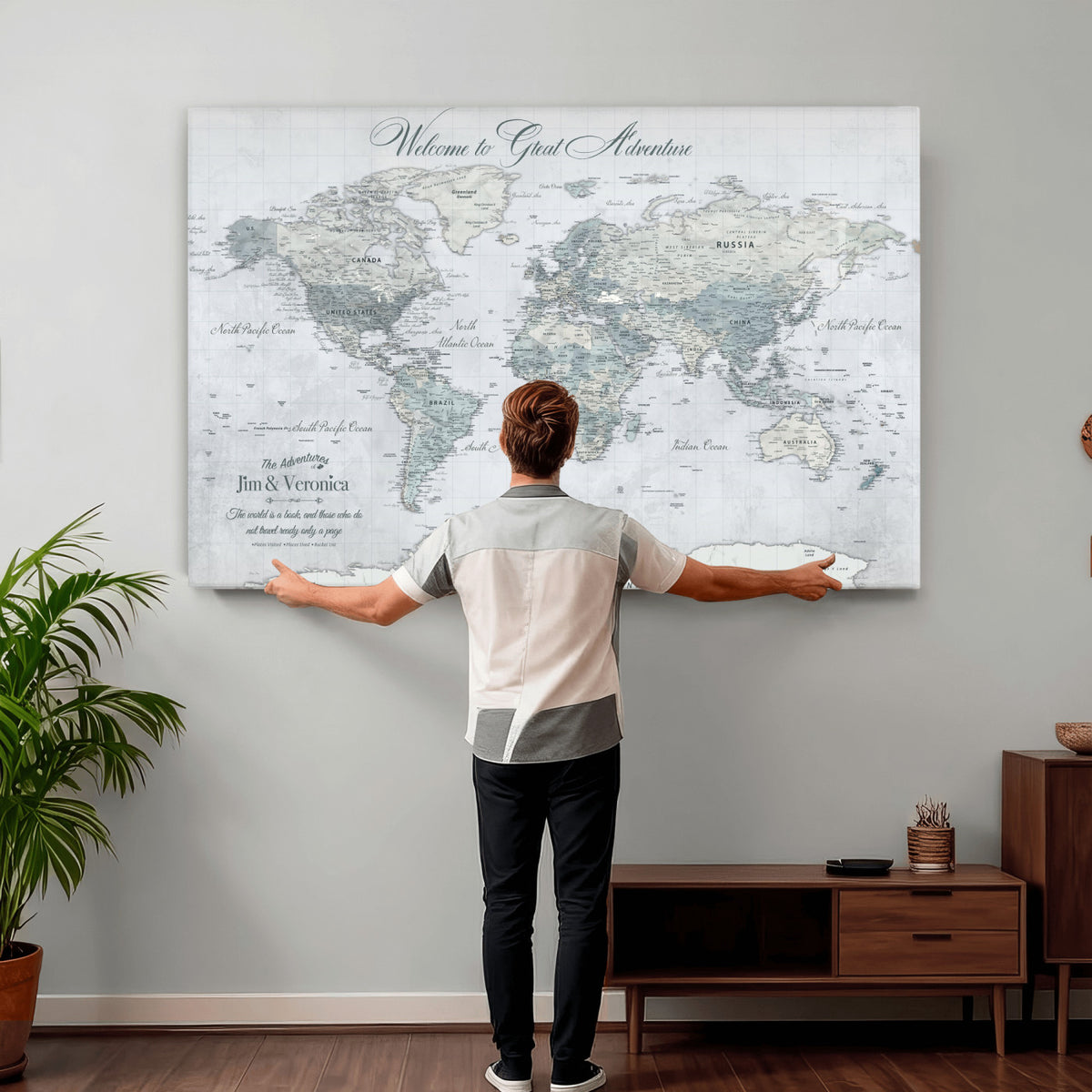 55391088-MGV-CV-36X24 - Personalized Beige Antique Push Pin World Map Canvas Print, Family Travel Tracker, Family Room and Entryway Decor