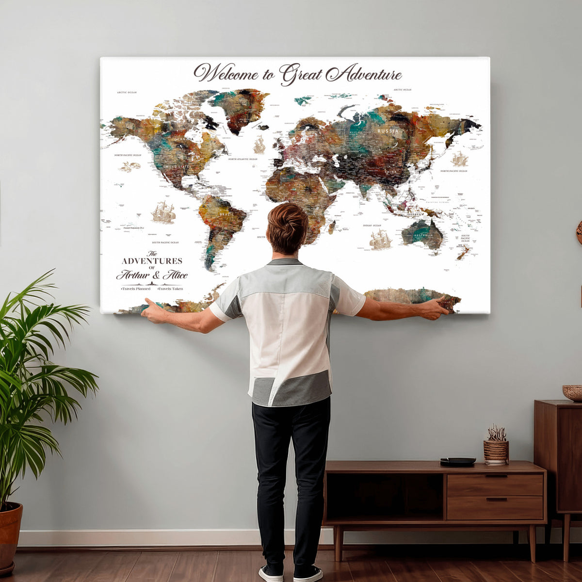 20271103-MGV-CV-36X24 - Custom Framed Beige Modern Push Pin World Map Wall Art, Couples Countries Visited Map, Study and Entryway Decor