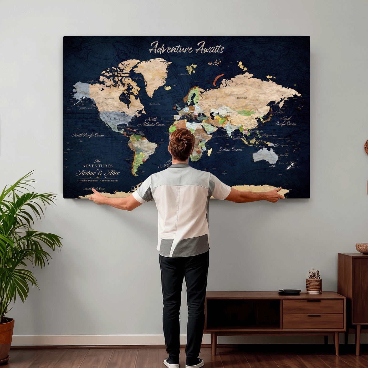 39120422-MGV-CV-36X24 - Custom Push Pin World Map Wall Art Canvas Print – Personalized Travel Tracker with Pins Framed Large for Home and Office Decor