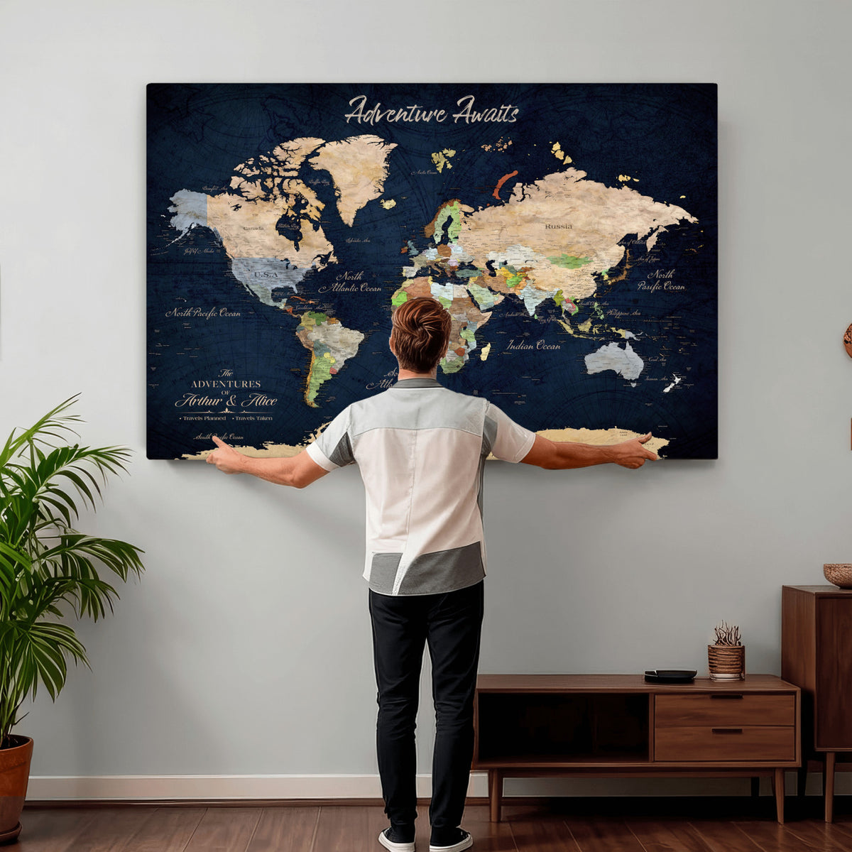 39120422-MGV-CV-36X24 - Personalized Beige Antique Push Pin Travel Map Canvas Print, Bucket List Map, Dining Room and Entryway Decor