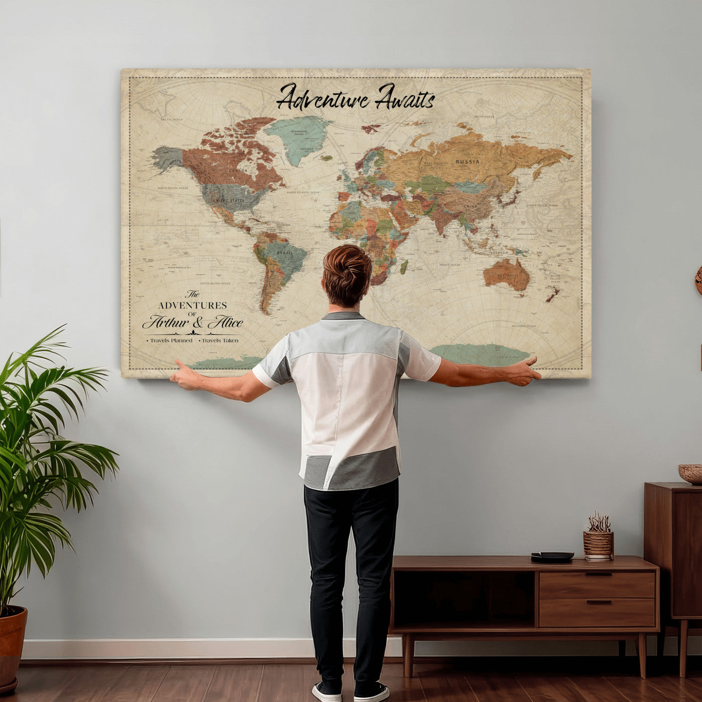 10741176-MGV-CV-36X24 - Custom Push Pin World Map Wall Art Canvas Print – Personalized Travel Tracker with Pins Framed Large for Home and Office Decor