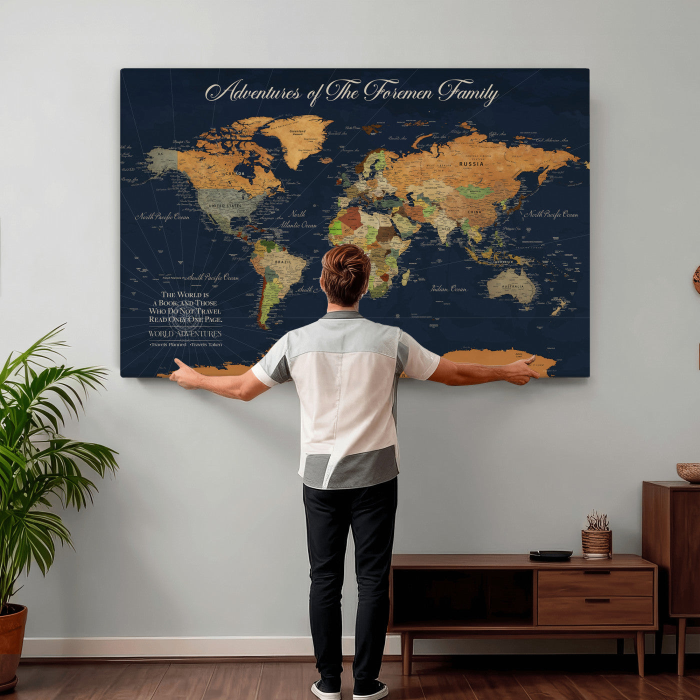84352304-MGV-CV-36X24 - Custom Push Pin World Map Wall Art Canvas Print – Personalized Travel Tracker with Pins Framed Large for Home and Office Decor