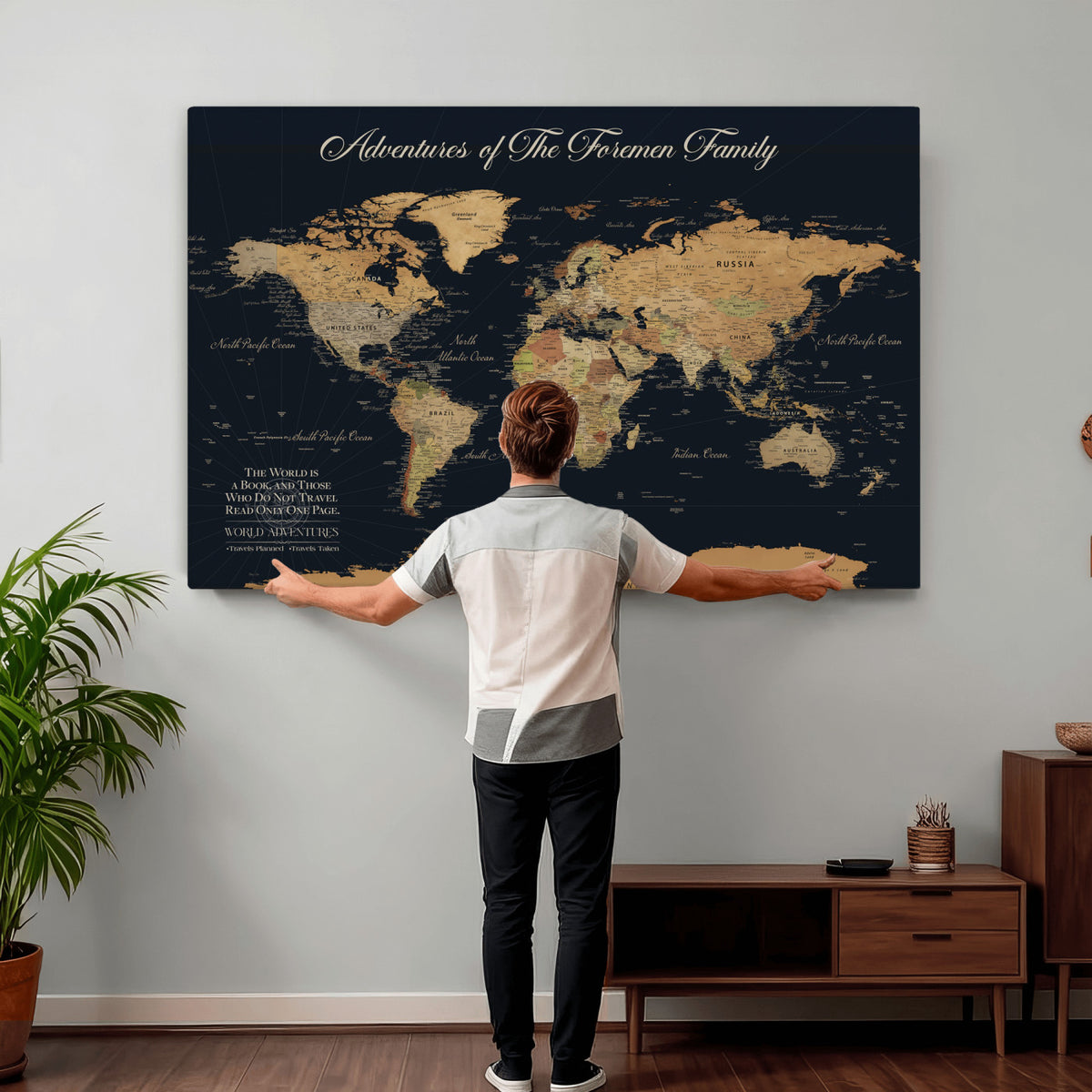 89403803-MGV-CV-36X24 - Personalized Beige Modern Family Adventure Push Pin World Map Canvas, Places Visited Tracker, Family Room and Home Office Decor