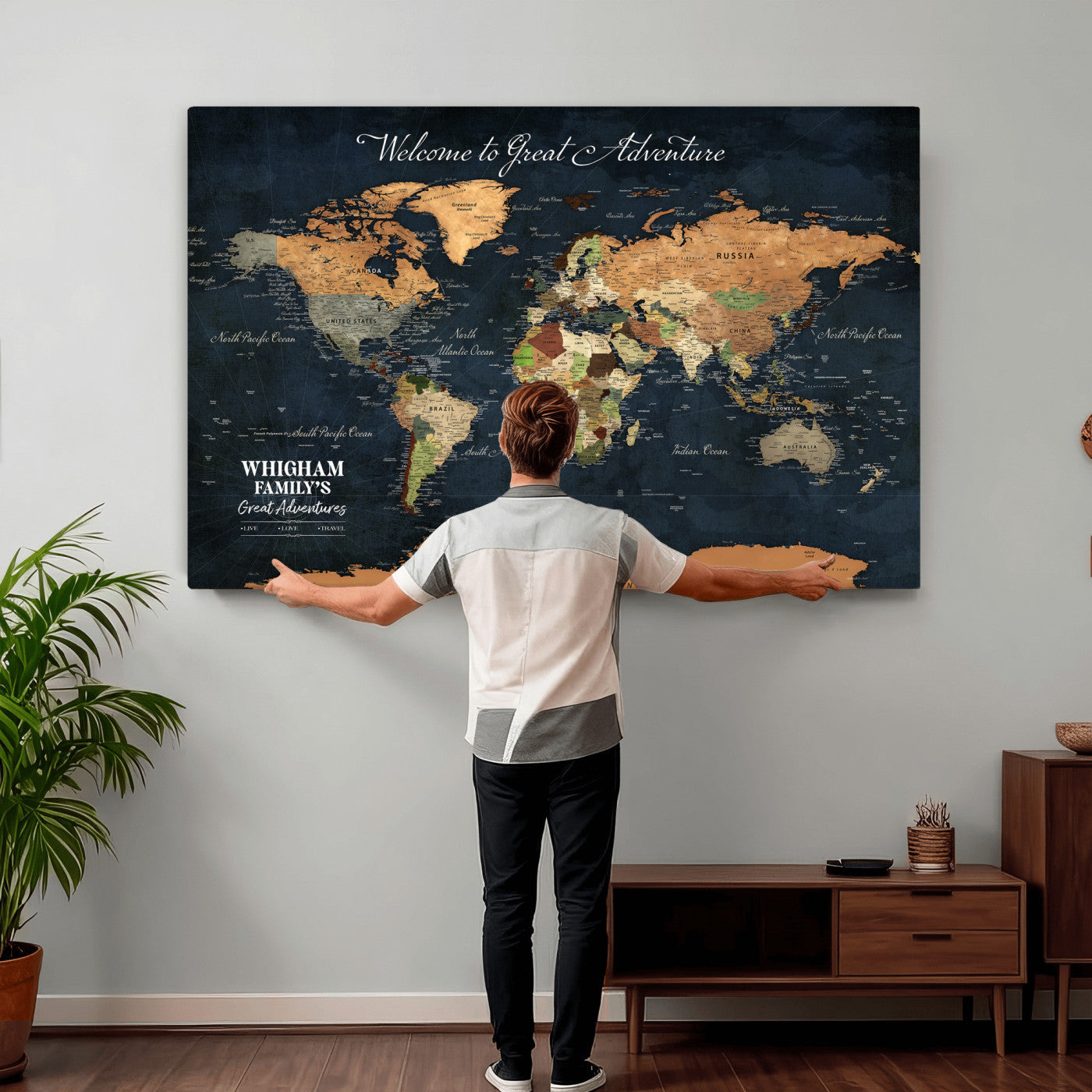 66788995-MGV-CV-36X24 - Custom Push Pin World Map Wall Art Canvas Print – Personalized Travel Tracker with Pins Framed Large for Home and Office Decor